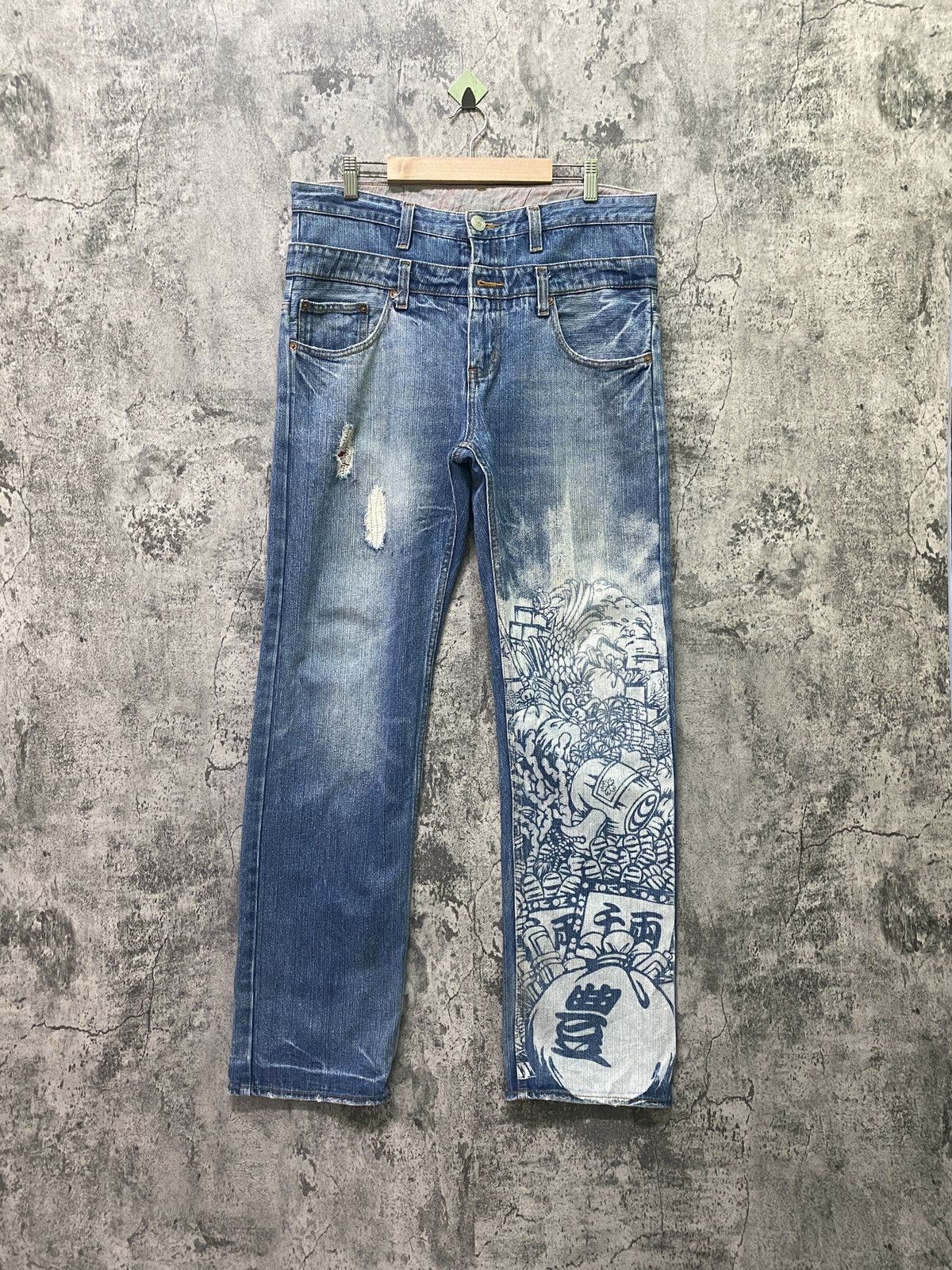 Japanese Brand Vintage KARAKURI TAMASHI Double Waist Denim Size US 34 / EU 50 - 1 Thumbnail