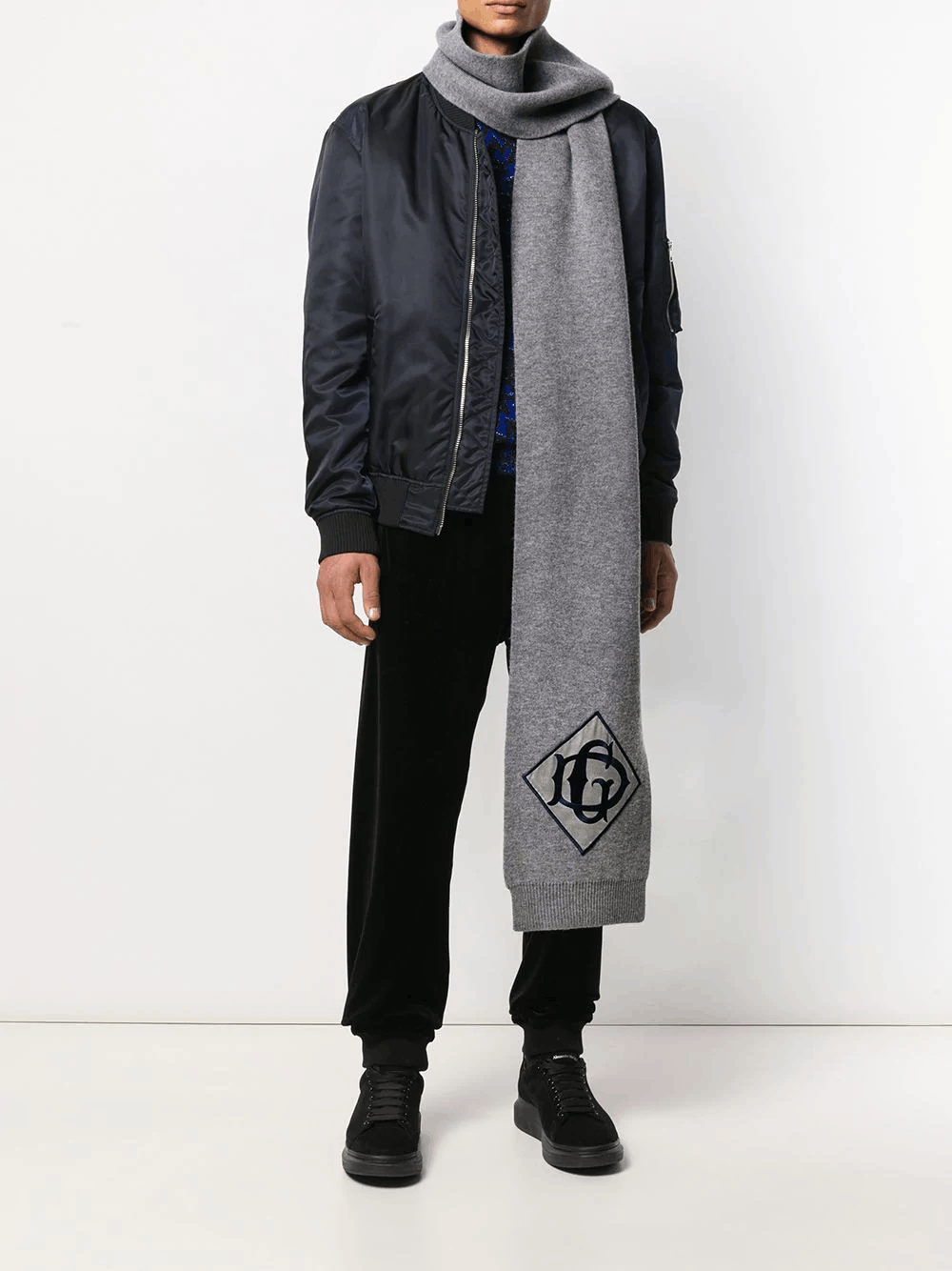 Dolce & Gabbana DOLCE & GABBANA gray silk logo embroidered wool scarf Size ONE SIZE - 2 Thumbnail