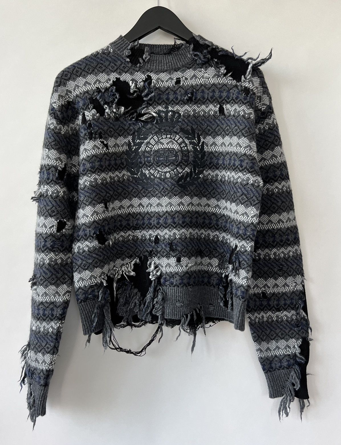 $1.5K Value Balenciaga Grey Destroyed Fair Isle Sweater