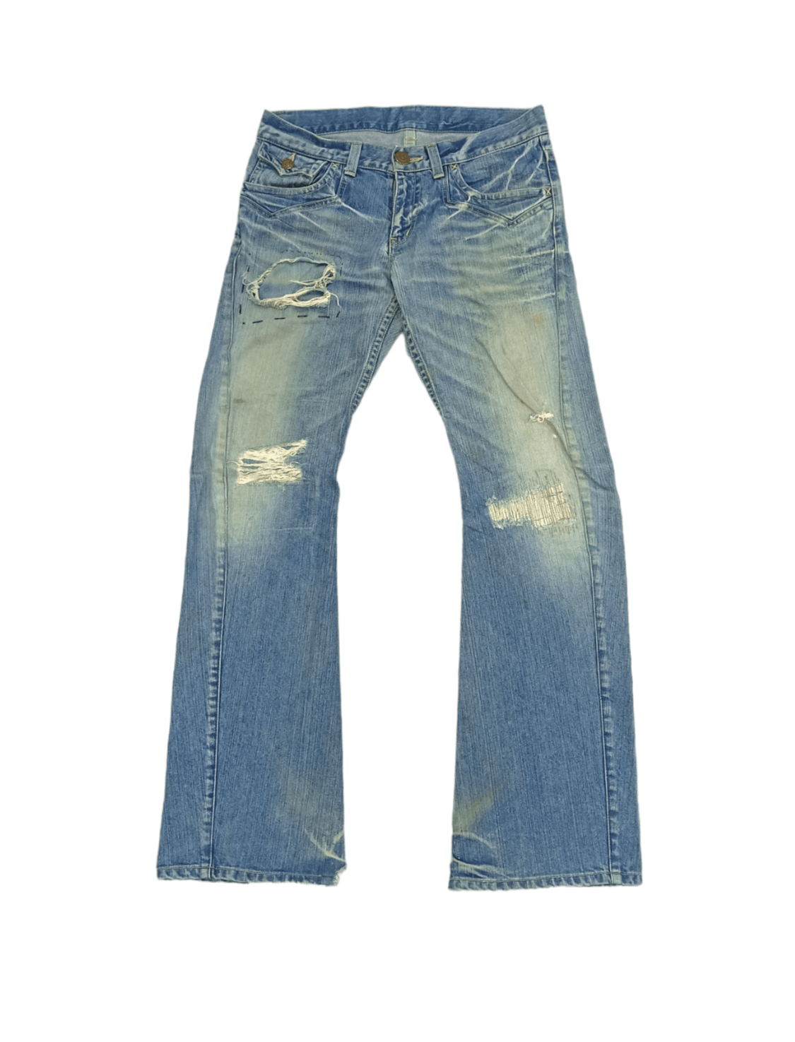 image of Distressed Denim x Vintage Rattle Trap Flared Denim Jeans in Blue Distressed, Men's (Size 32)
