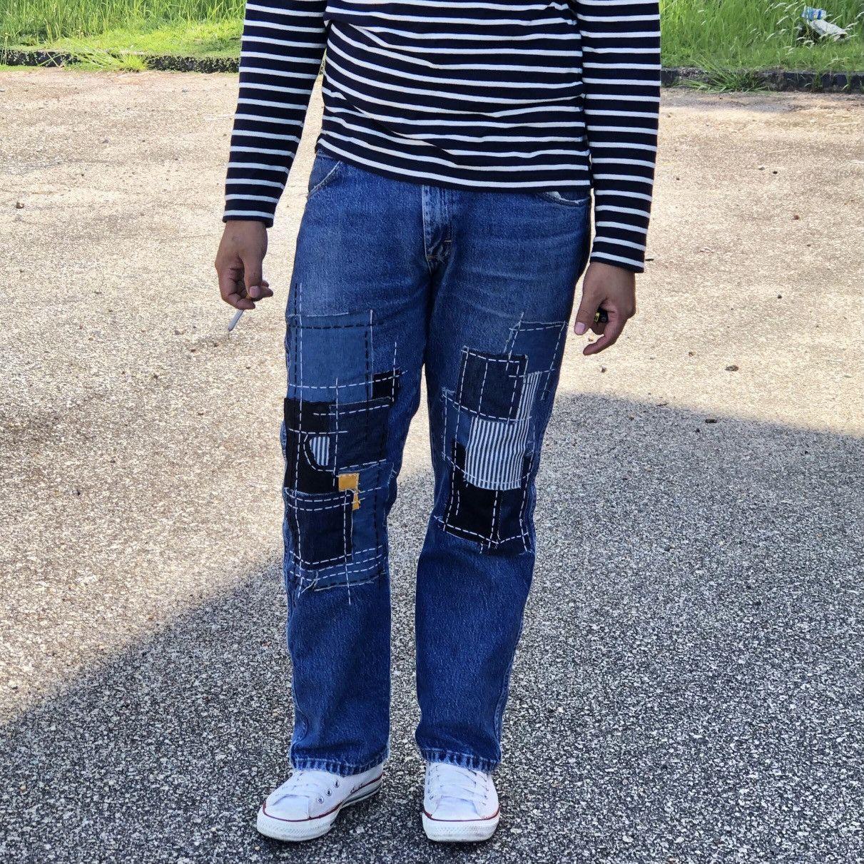 Vintage × Wrangler Vintage Wrangler Custom Patchwork Sashiko Kurt Cobain Style Size US 35 - 19 Thumbnail