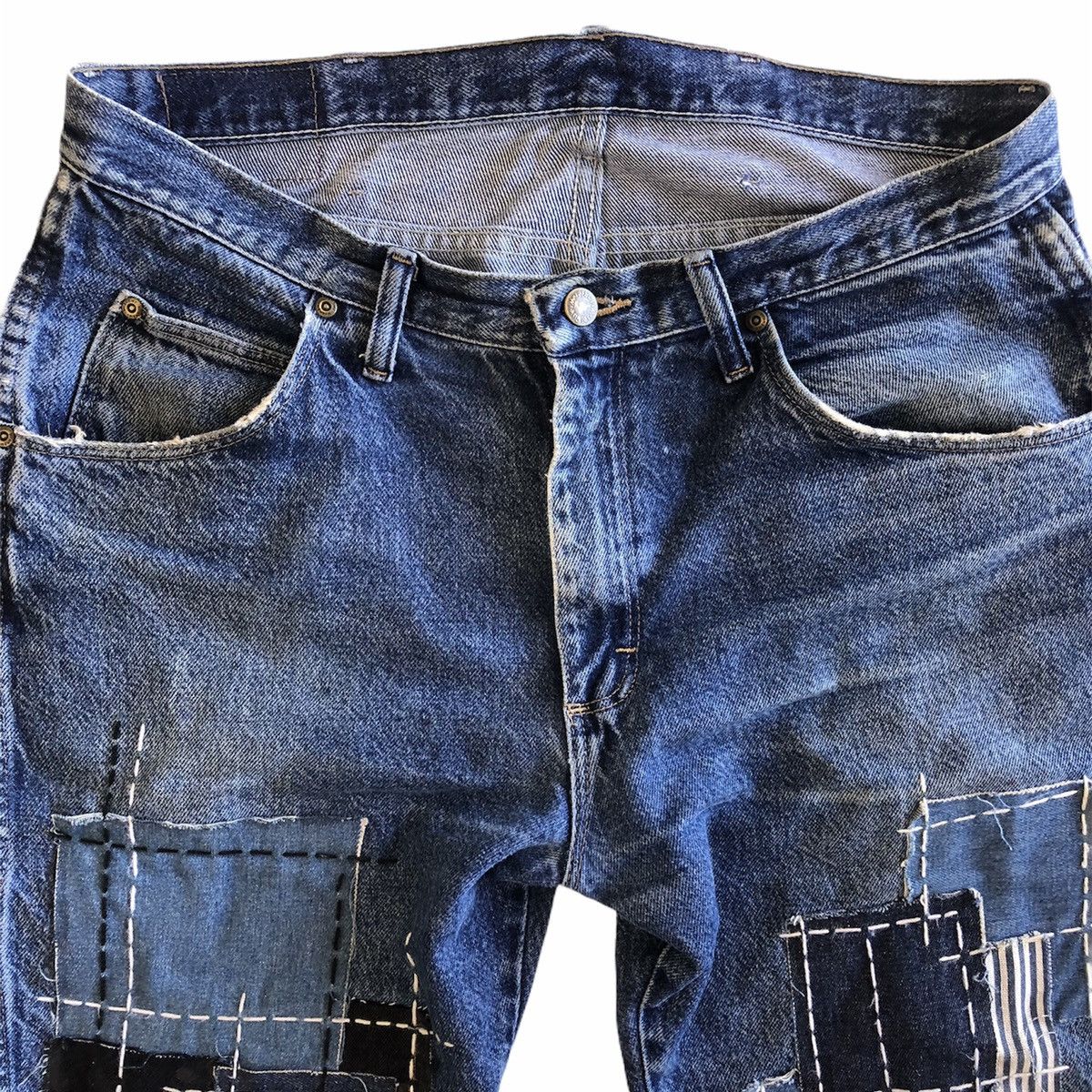 Vintage × Wrangler Vintage Wrangler Custom Patchwork Sashiko Kurt Cobain Style Size US 35 - 2 Thumbnail