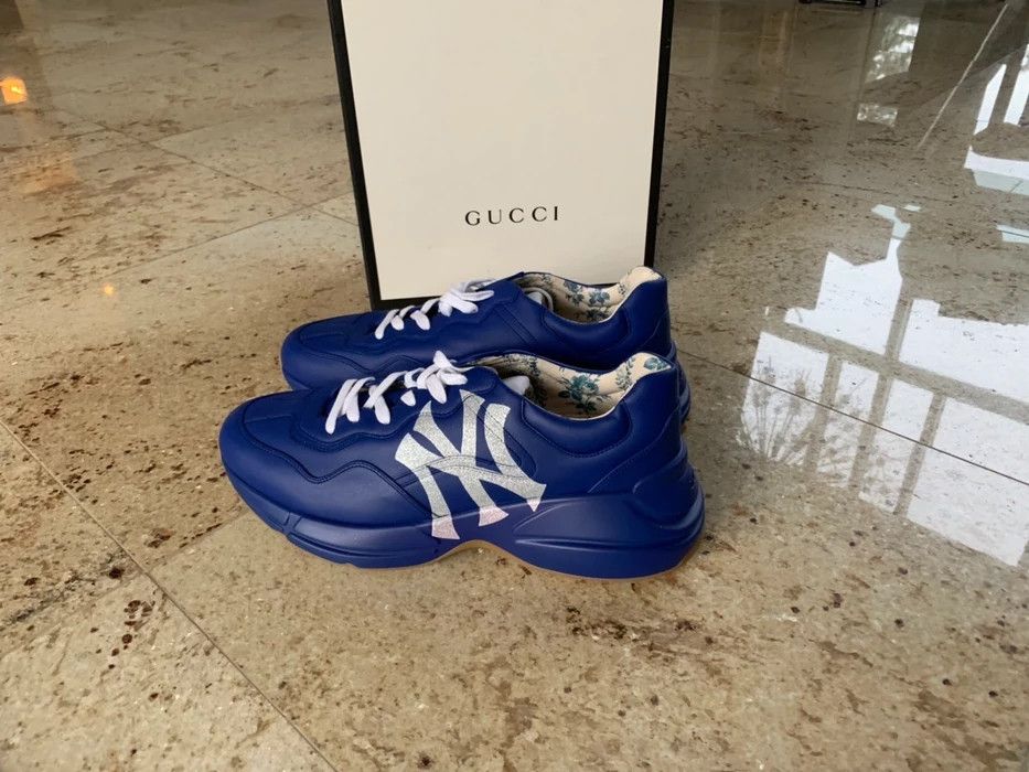 Gucci Blue Leather Rhyton NY Yankees Low Top Sneakers Size 41