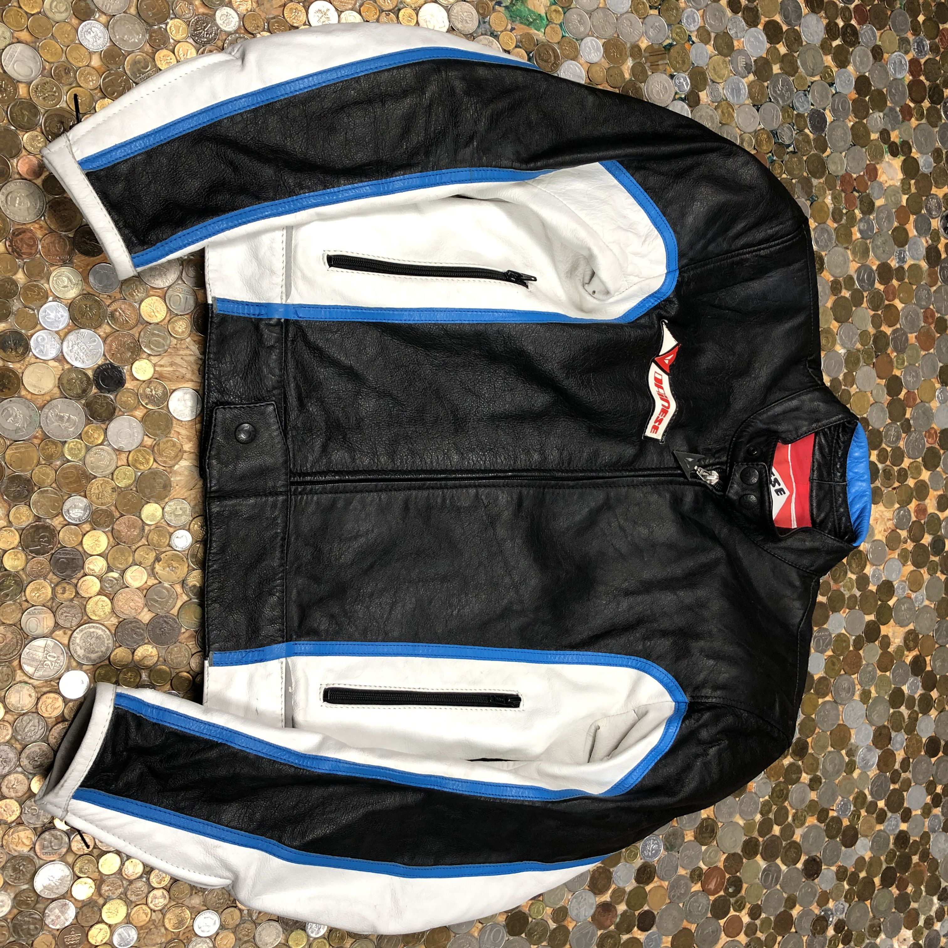 image of Dainese Leather Moto Racing Jacket Size 50 in Black White Blue, Women's