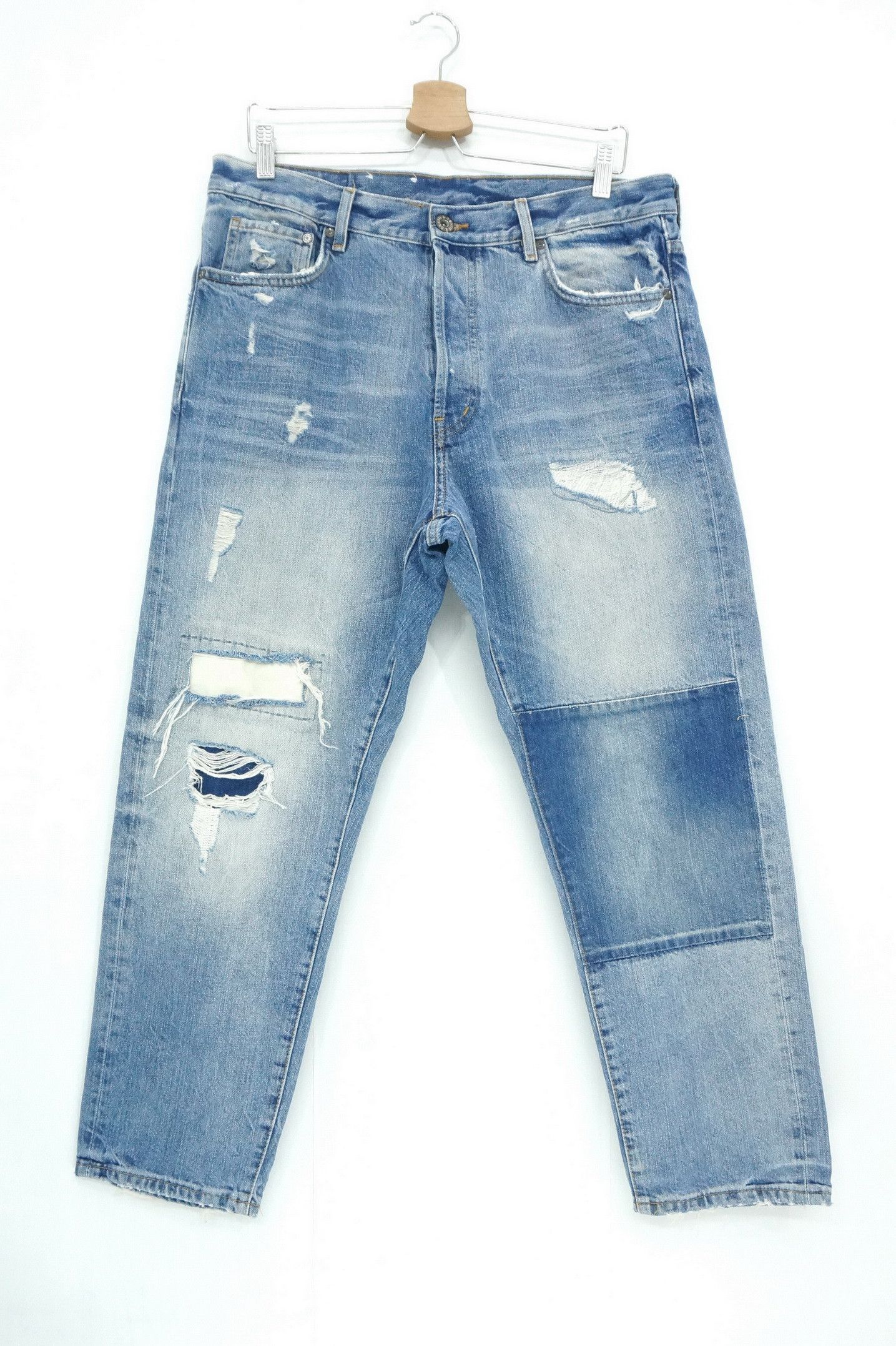 image of Distressed Denim denim Distressed Patchwork Jeans in Blue Denim, Men's (Size 33)