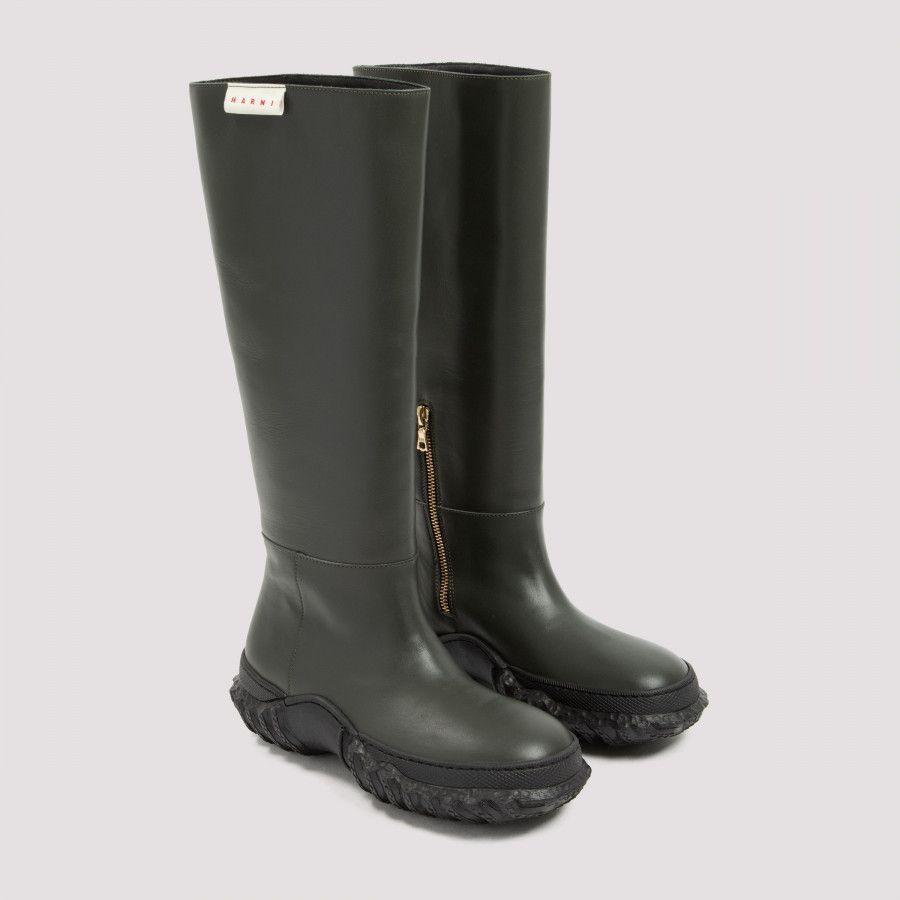 Marni MARNI dark green black knee high rubber sole leather boots 7 Size US 7 / IT 37 - 1 Thumbnail