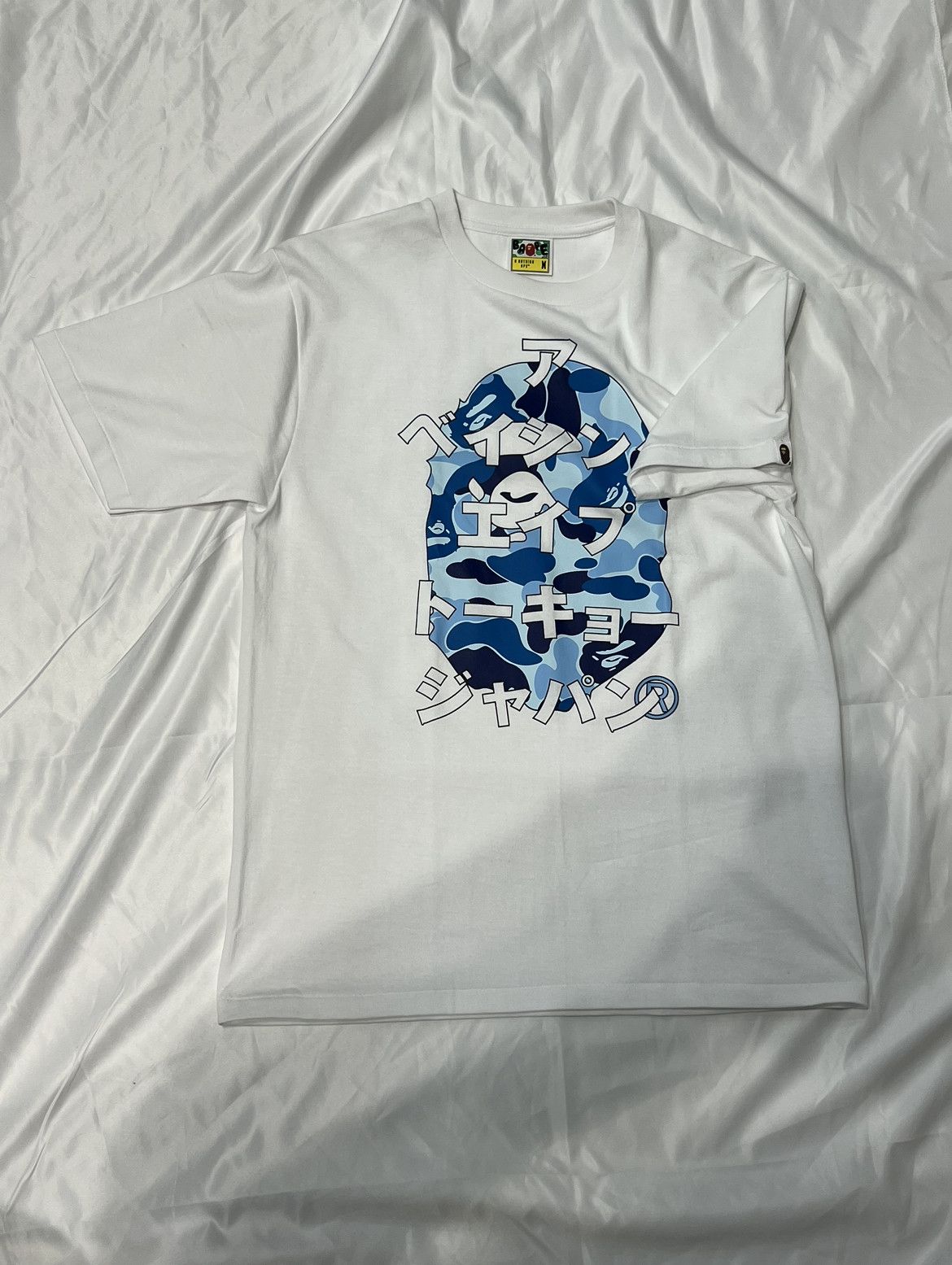 Bape BAPE ABC Blue Camo Japanese Letters Tee White | Grailed