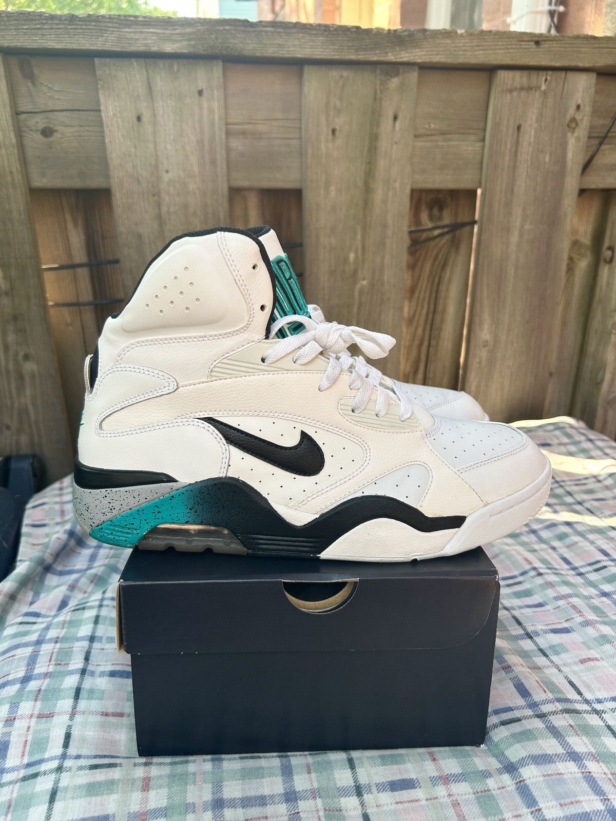 image of Nike Air Force 180 White Emerald Cement Grey Shoes in White Black Emerald Cement, Men's (Size 10)