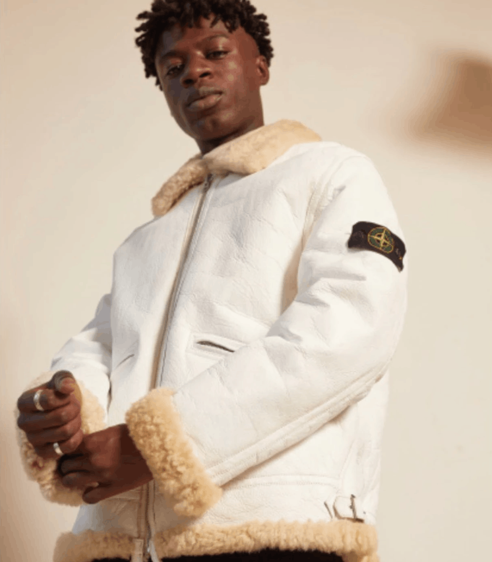 image of Stone Island Hand-Painted Sheepskin Jacket in White, Men's (Size Large)