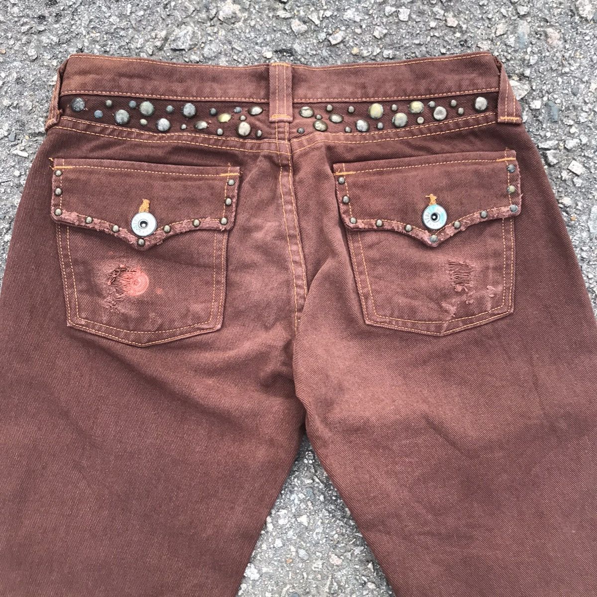If Six Was Nine 💥Vintage Distressed USA Denim Studded FLARE Jeans Pants Size US 29 - 12 Thumbnail