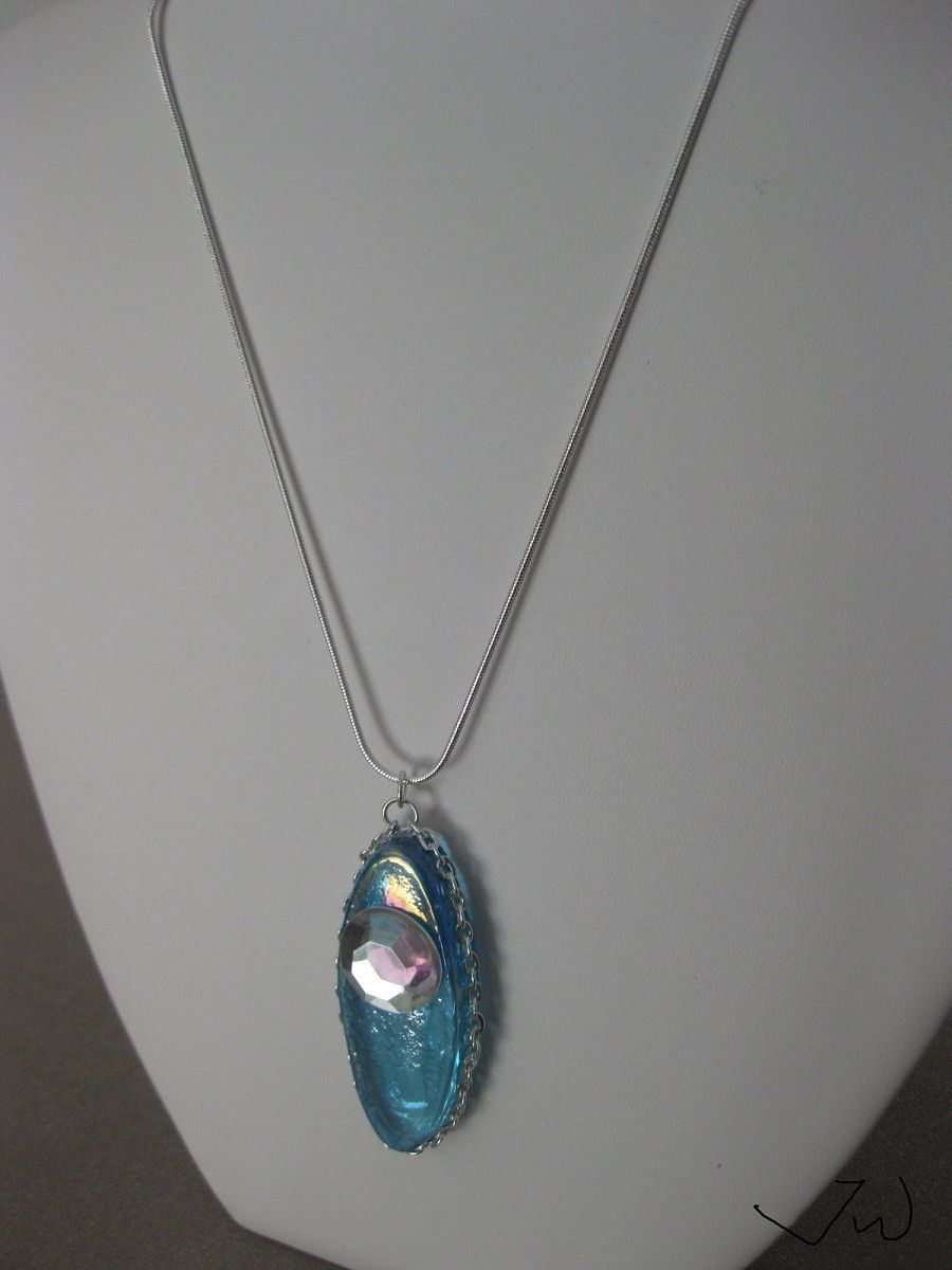 Handmade × Jewelry Ocean Blue Glass Tile necklace with CZ Size ONE SIZE - 2 Thumbnail