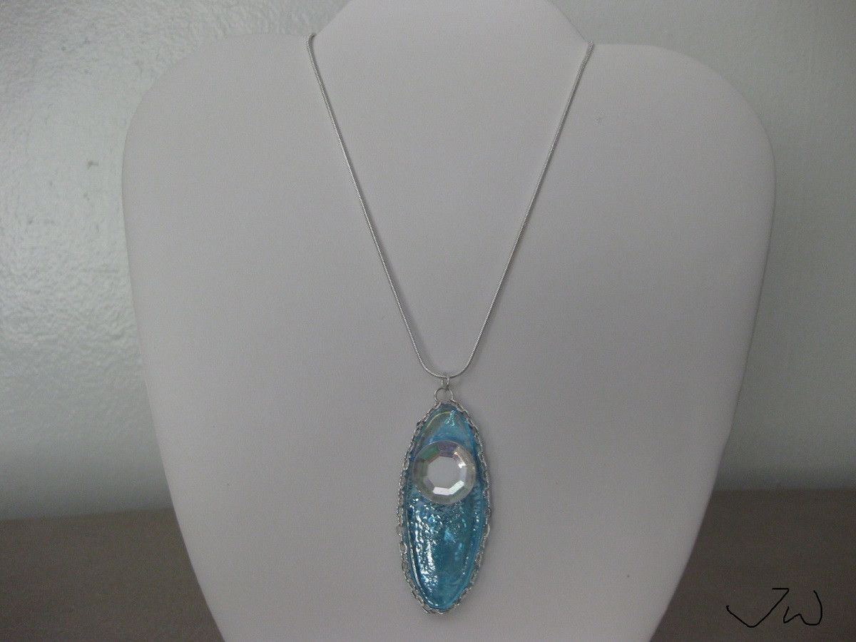Handmade × Jewelry Ocean Blue Glass Tile necklace with CZ Size ONE SIZE - 1 Thumbnail