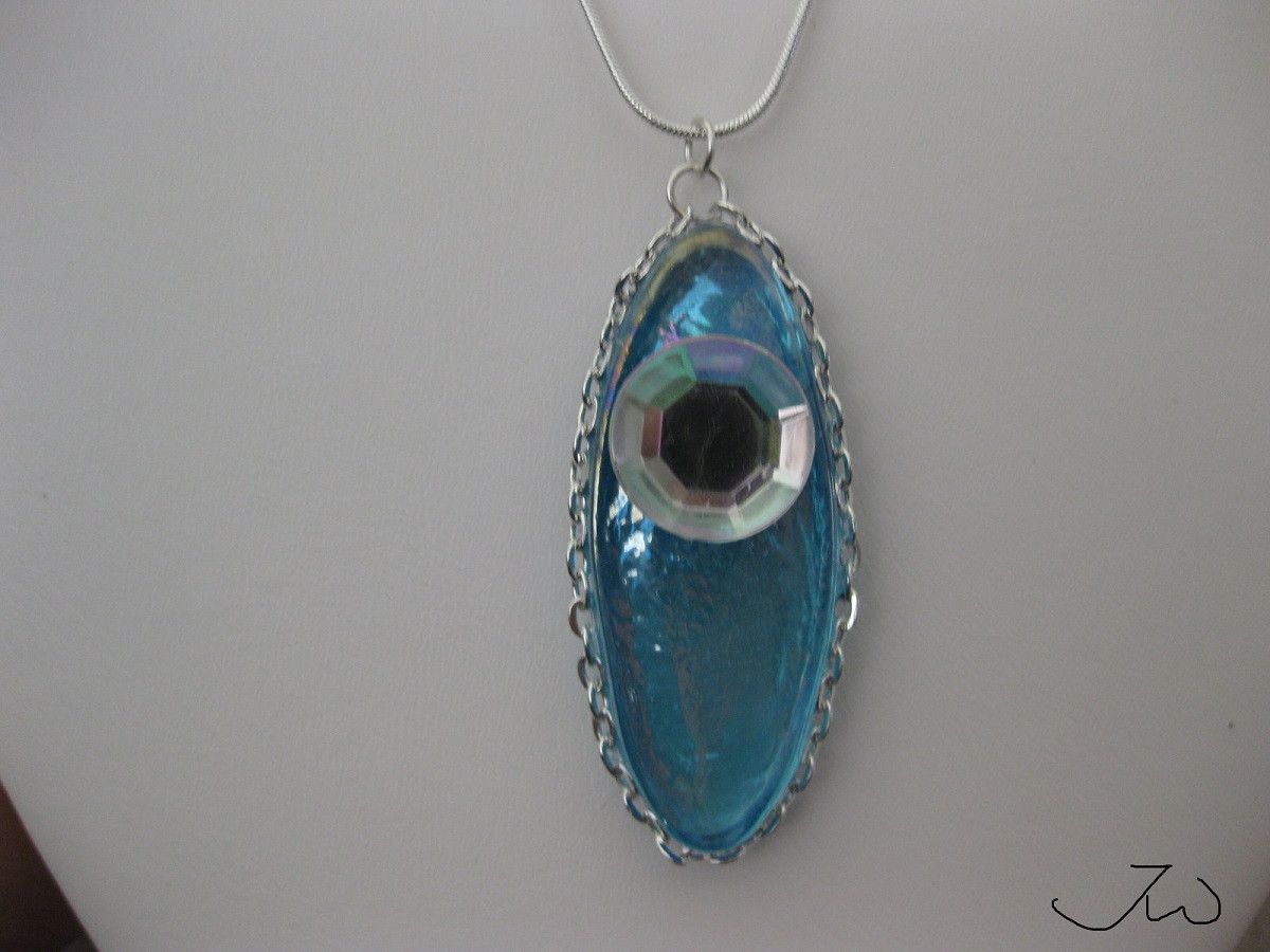 Handmade × Jewelry Ocean Blue Glass Tile necklace with CZ Size ONE SIZE - 4 Thumbnail
