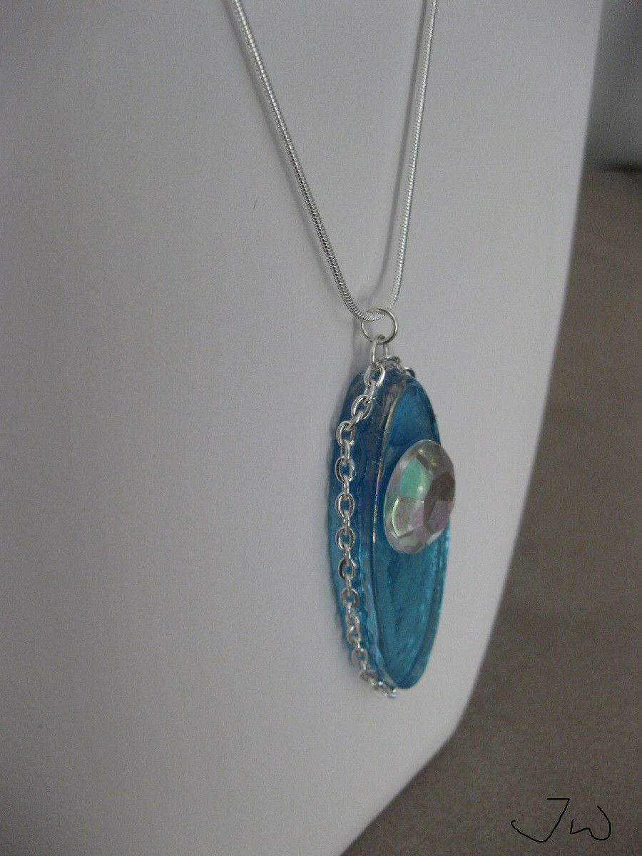 Handmade × Jewelry Ocean Blue Glass Tile necklace with CZ Size ONE SIZE - 3 Thumbnail