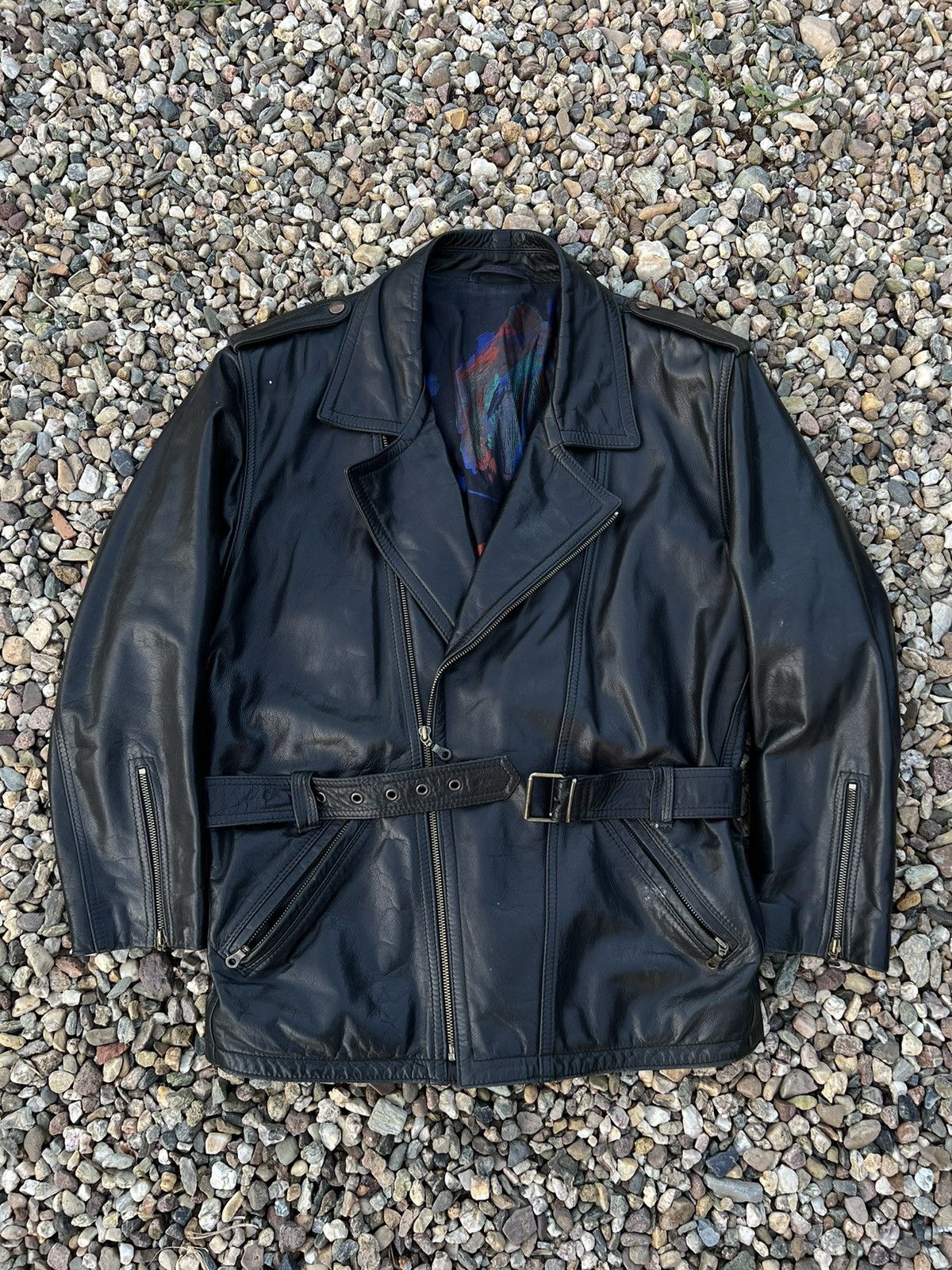 image of Vintage Heavy High Quality Avant Garde Leather Jacket Coat in Black, Men's (Size Medium)