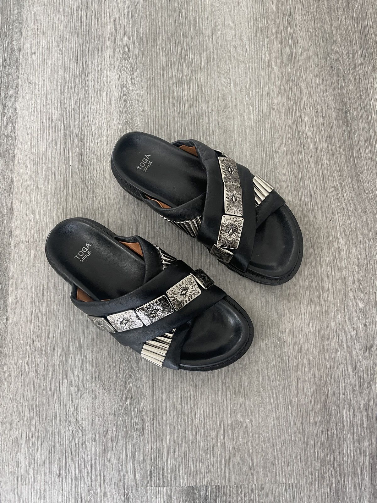 Toga Toga Virilis Black Metal Leather Sandals / Slides | Grailed