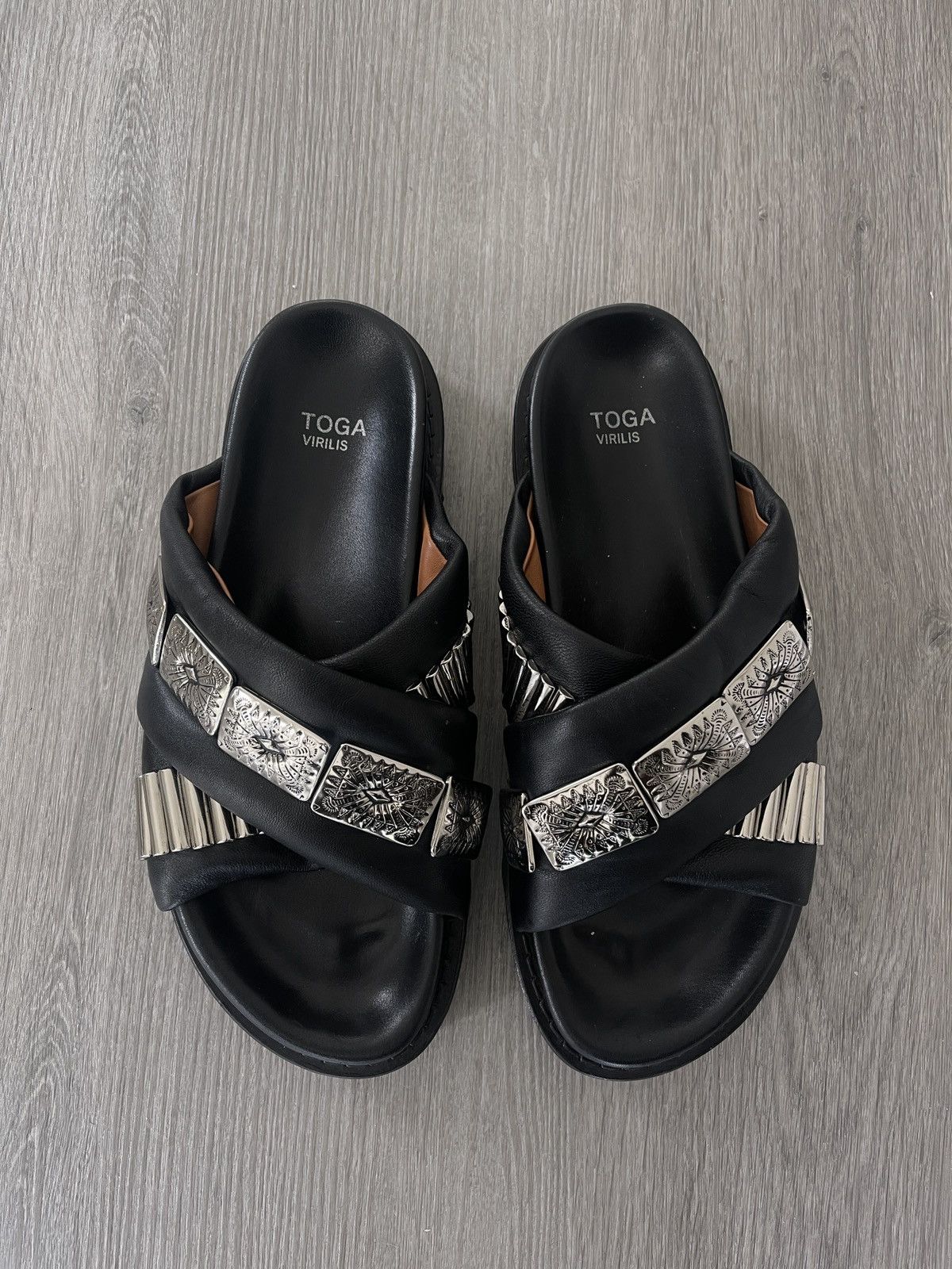 Toga Toga Virilis Black Metal Leather Sandals / Slides | Grailed