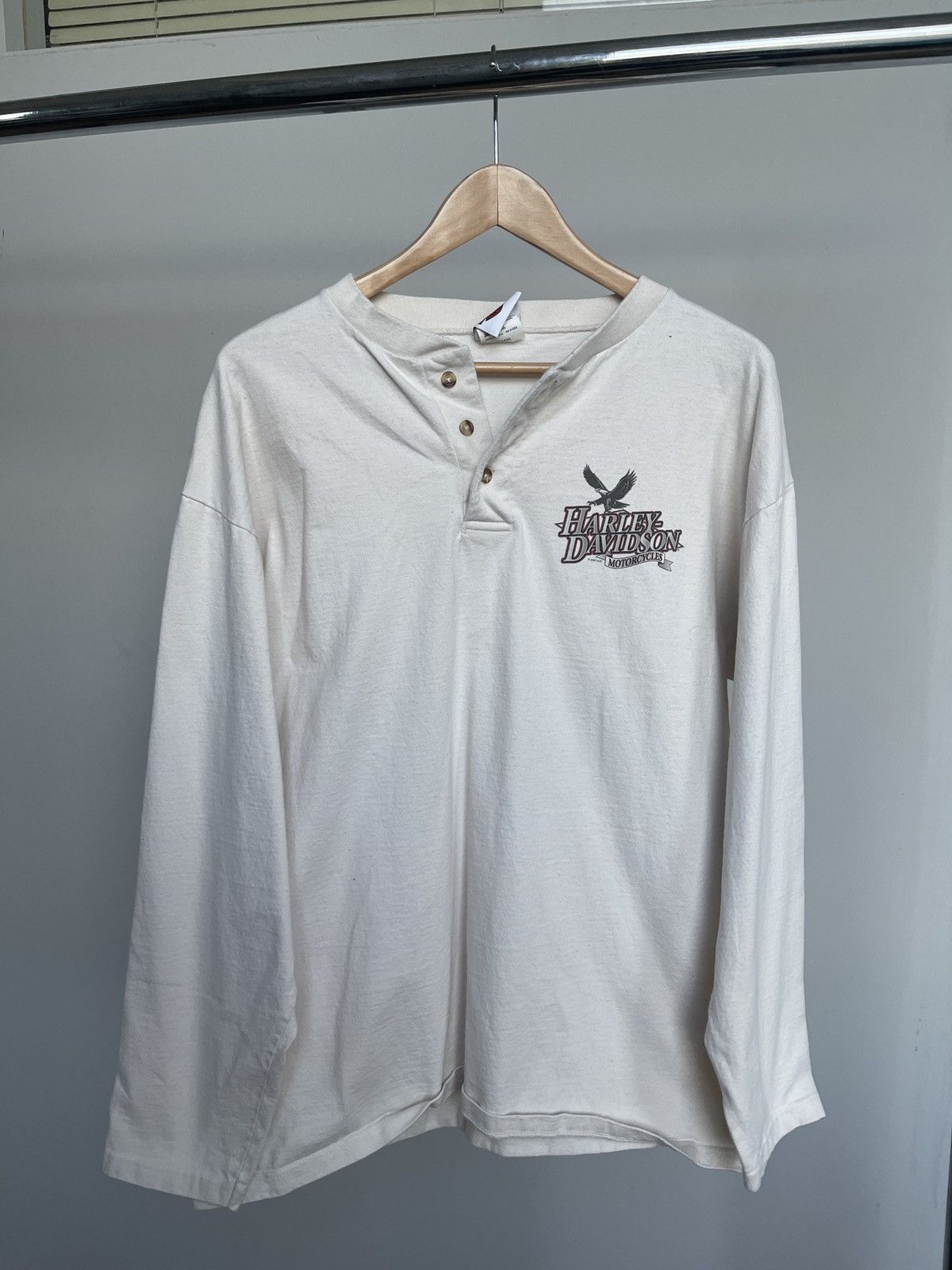 image of Perfect Harley Davidson Henley Longsleeve Shirt in Cream, Men's (Size XL)