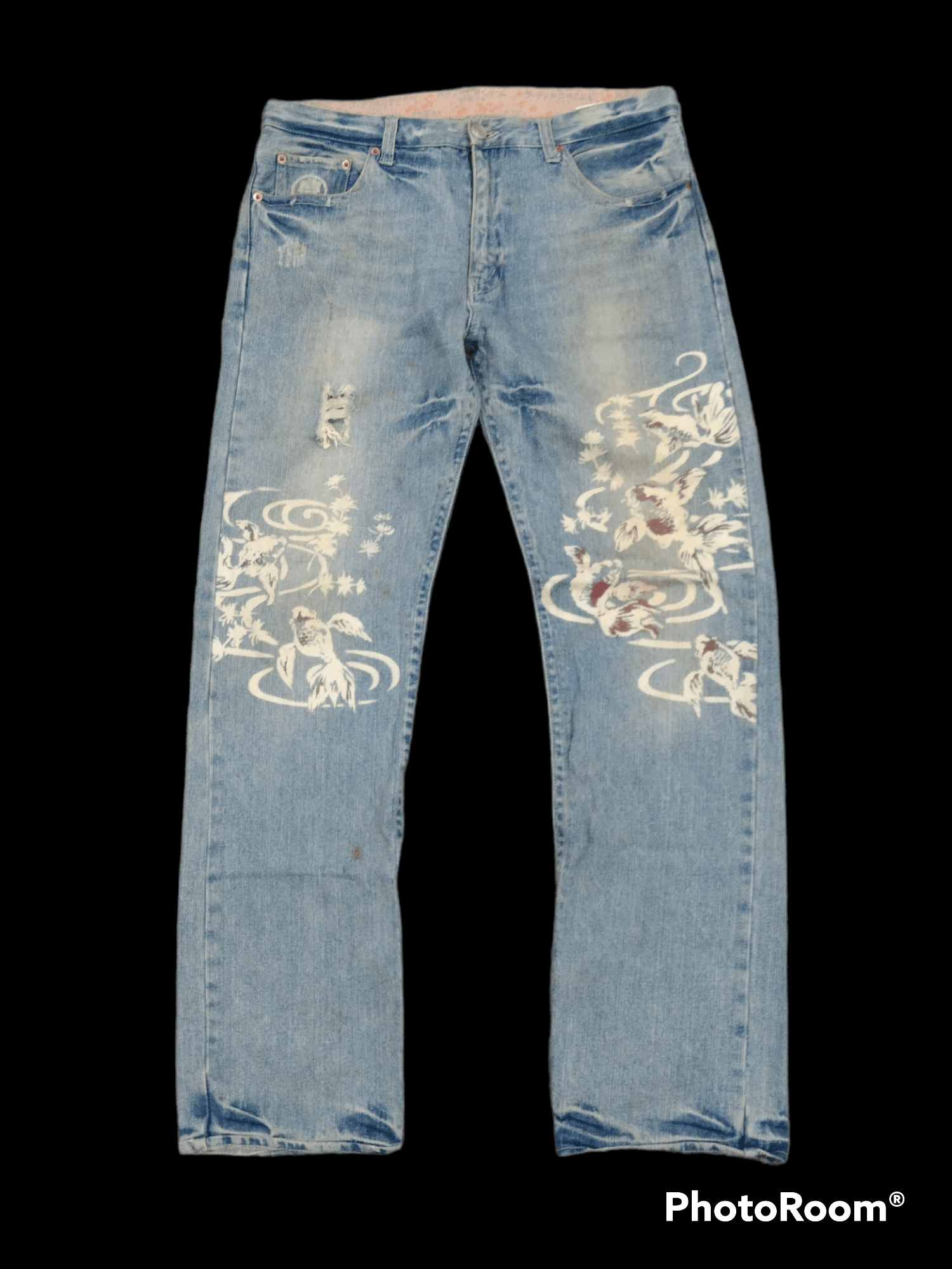 Art Comes First SiCK RIPED HANDMADE ART KOI FISH BUDEN DENIM PANTS Size US 35 - 1 Thumbnail