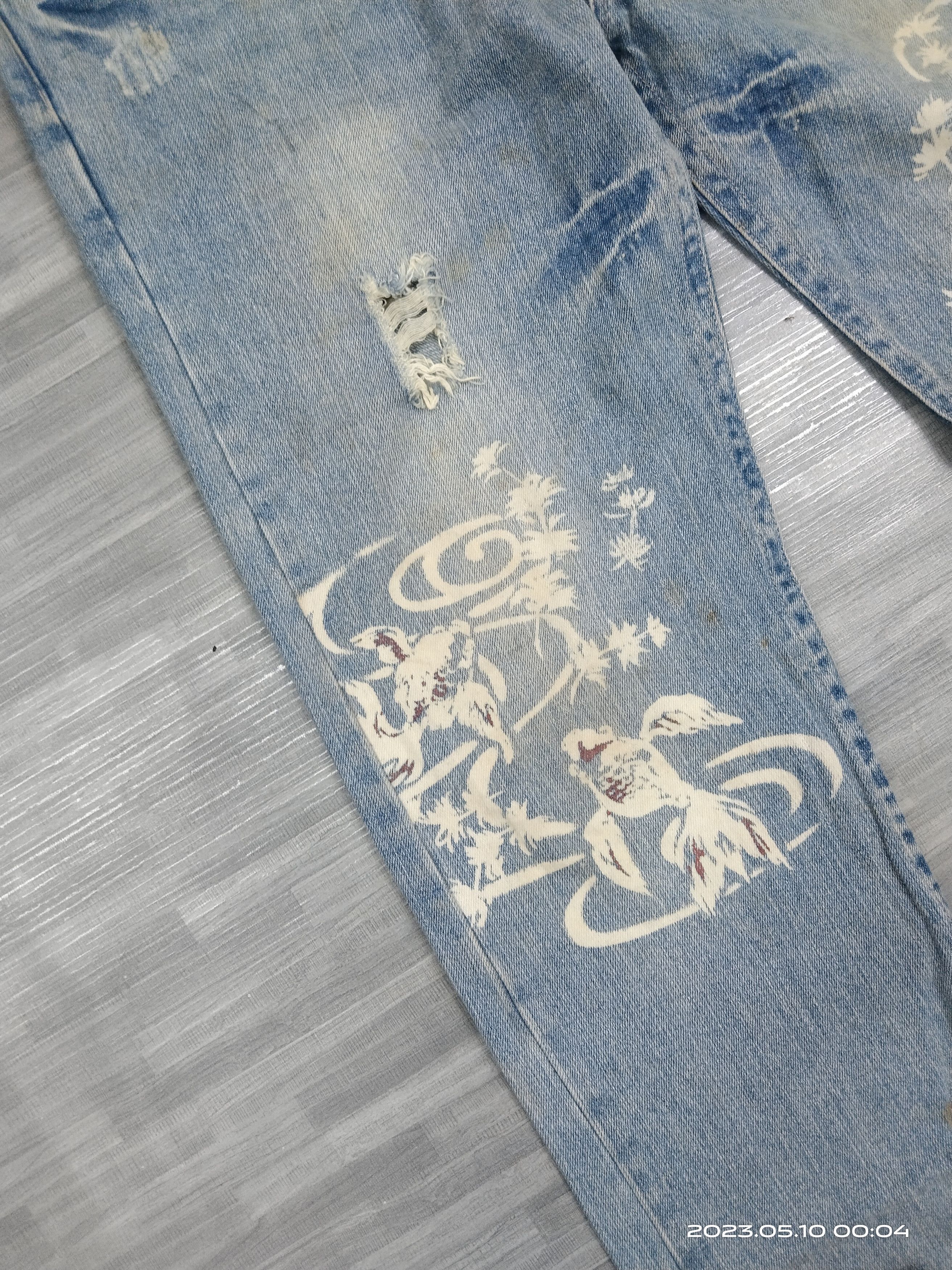 Art Comes First SiCK RIPED HANDMADE ART KOI FISH BUDEN DENIM PANTS Size US 35 - 7 Thumbnail
