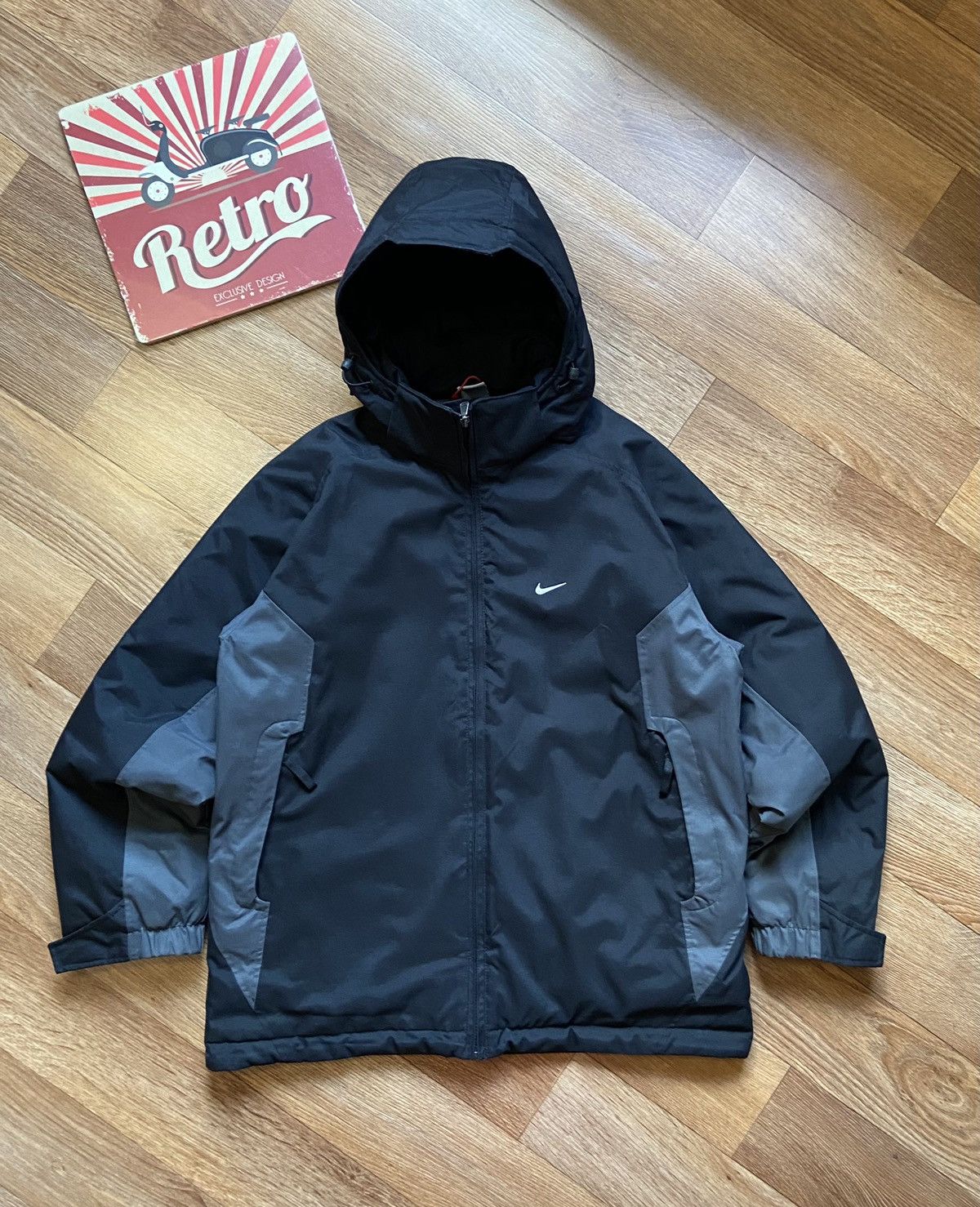 image of Vintage Nike Back Big Swoosh Nylon Insulated Hooded Jacket in Black/Grey, Men's (Size Large)