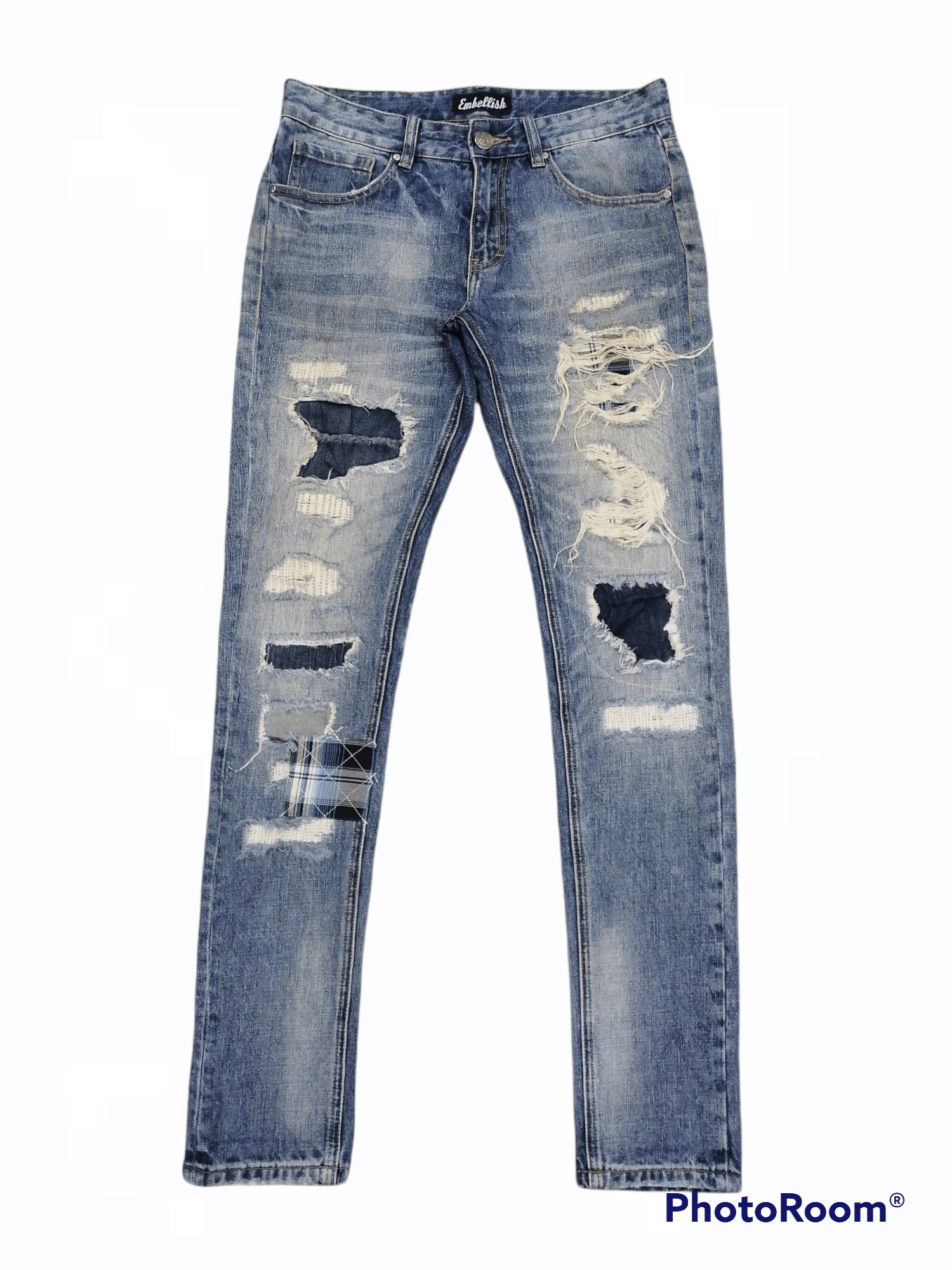 Japanese Brand Embellish Rip Boro Patchwork Distressed Denim Skinny Pants Size US 31 - 1 Thumbnail