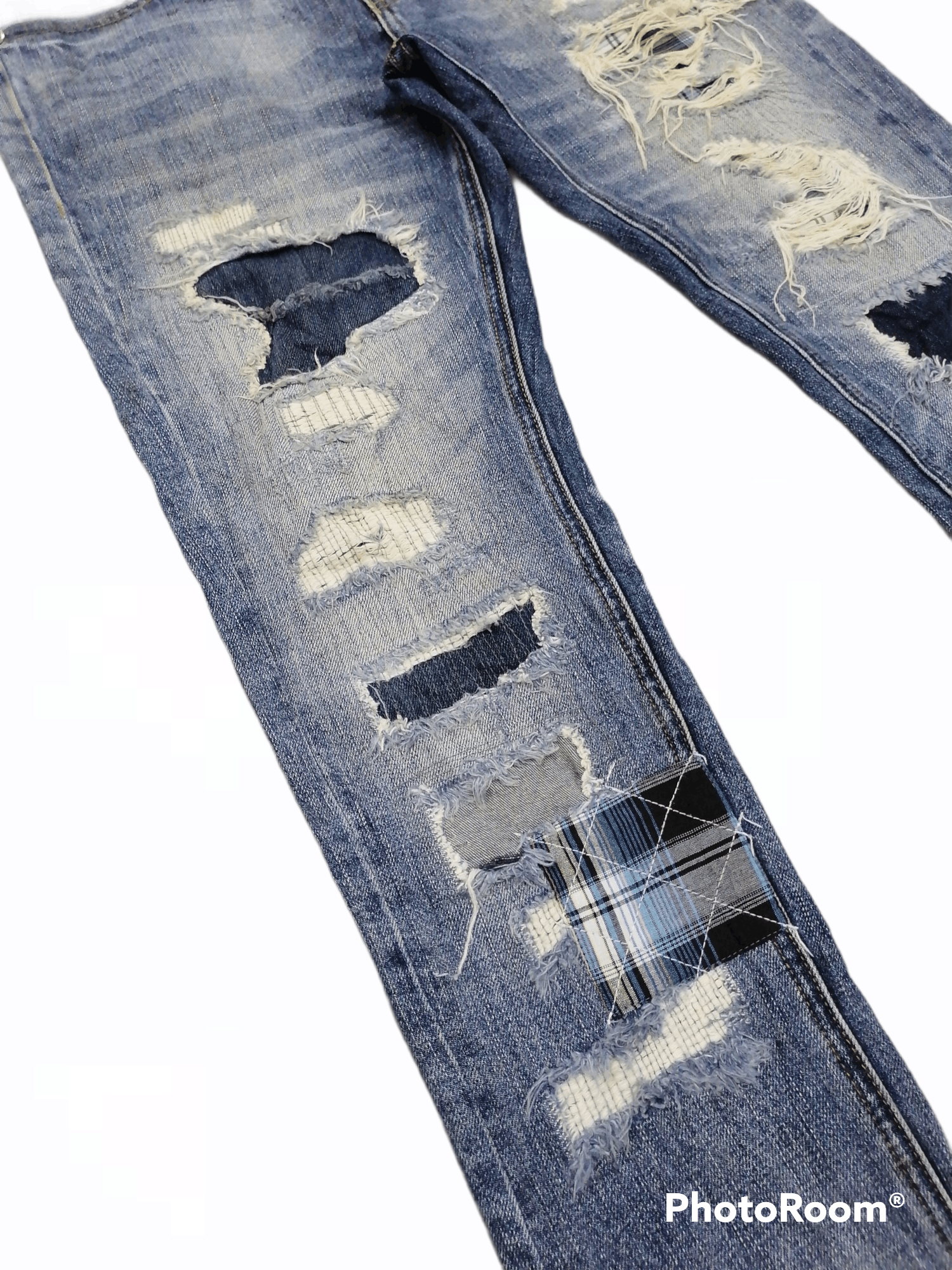 Japanese Brand Embellish Rip Boro Patchwork Distressed Denim Skinny Pants Size US 31 - 4 Thumbnail