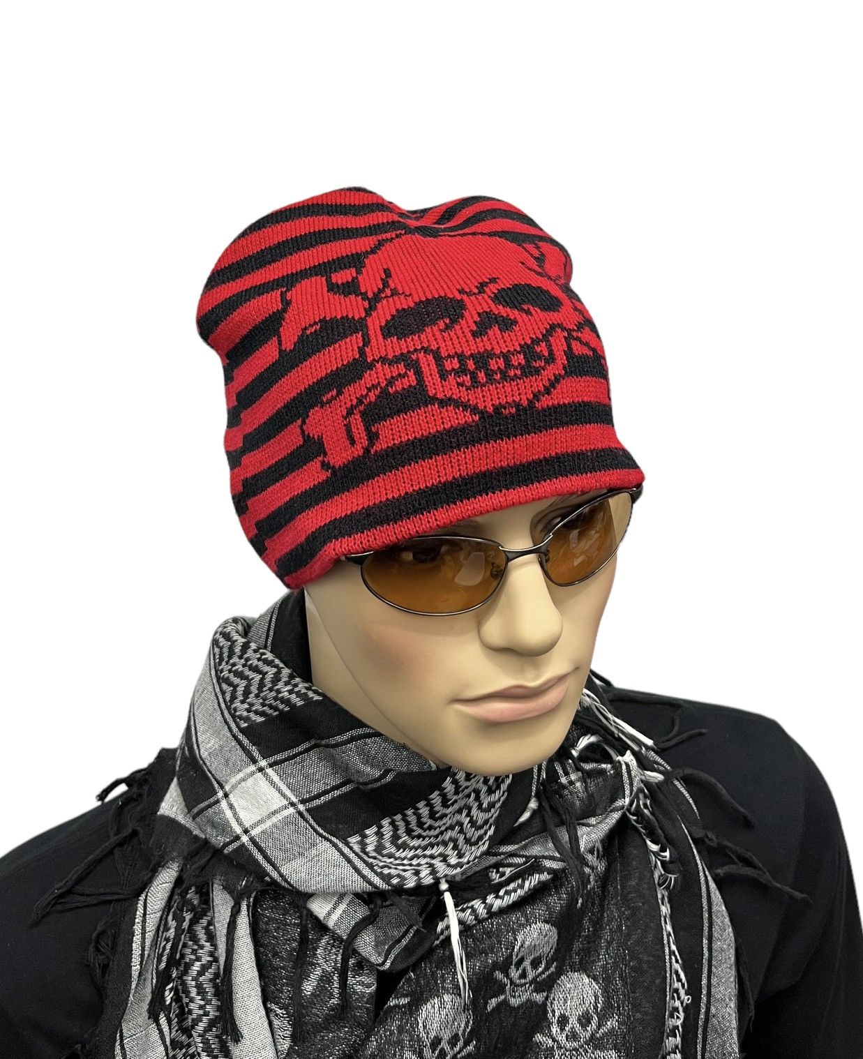 image of Seditionaries x Skulls Vintage Skull Crossbones Punk Stripes Unbranded Beanie in Black/Red, Men's