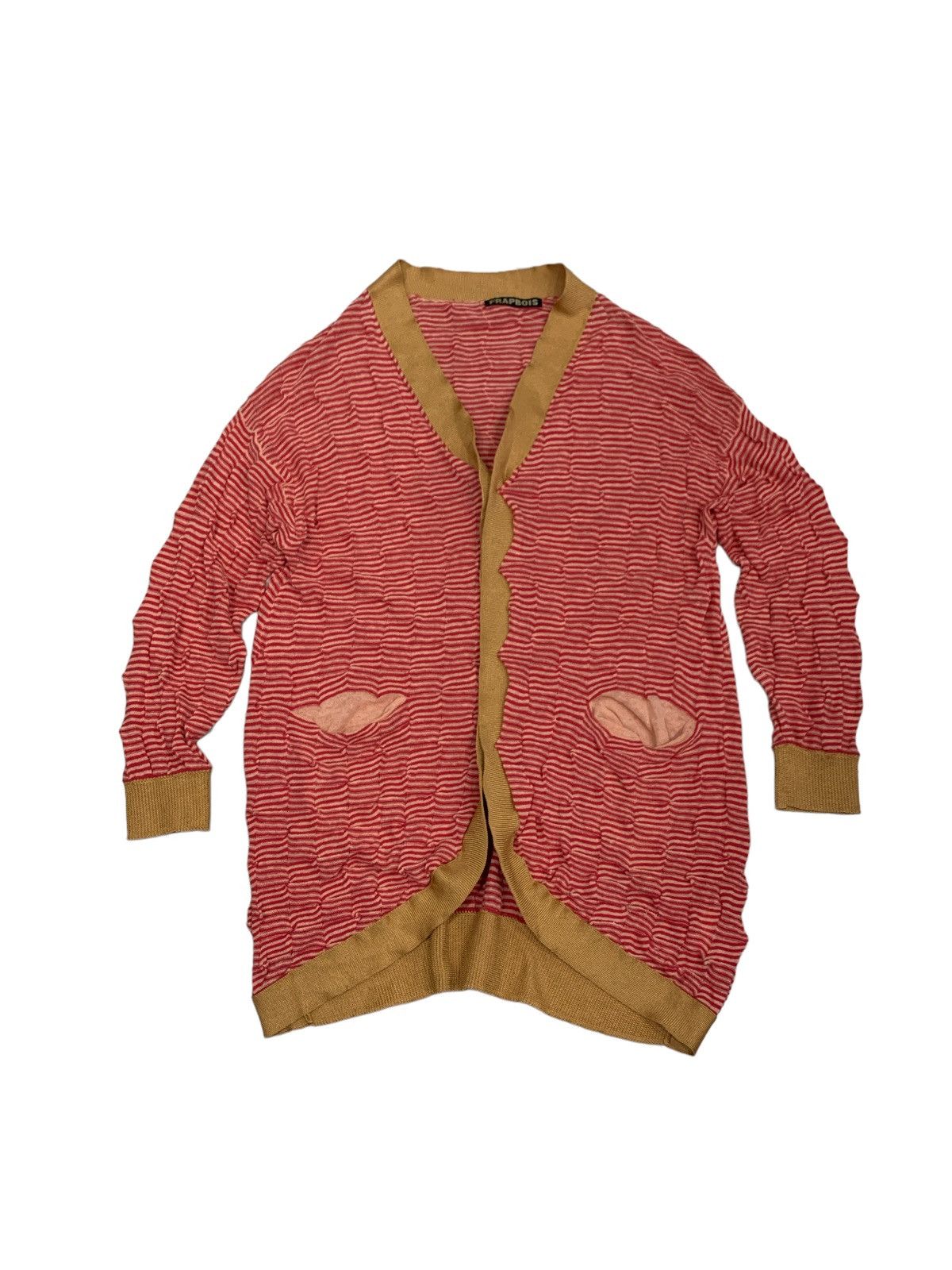 image of Stripes Frapbois By Issey Miyake Wrinkles Knitted Cardigan in Red, Men's (Size Medium)