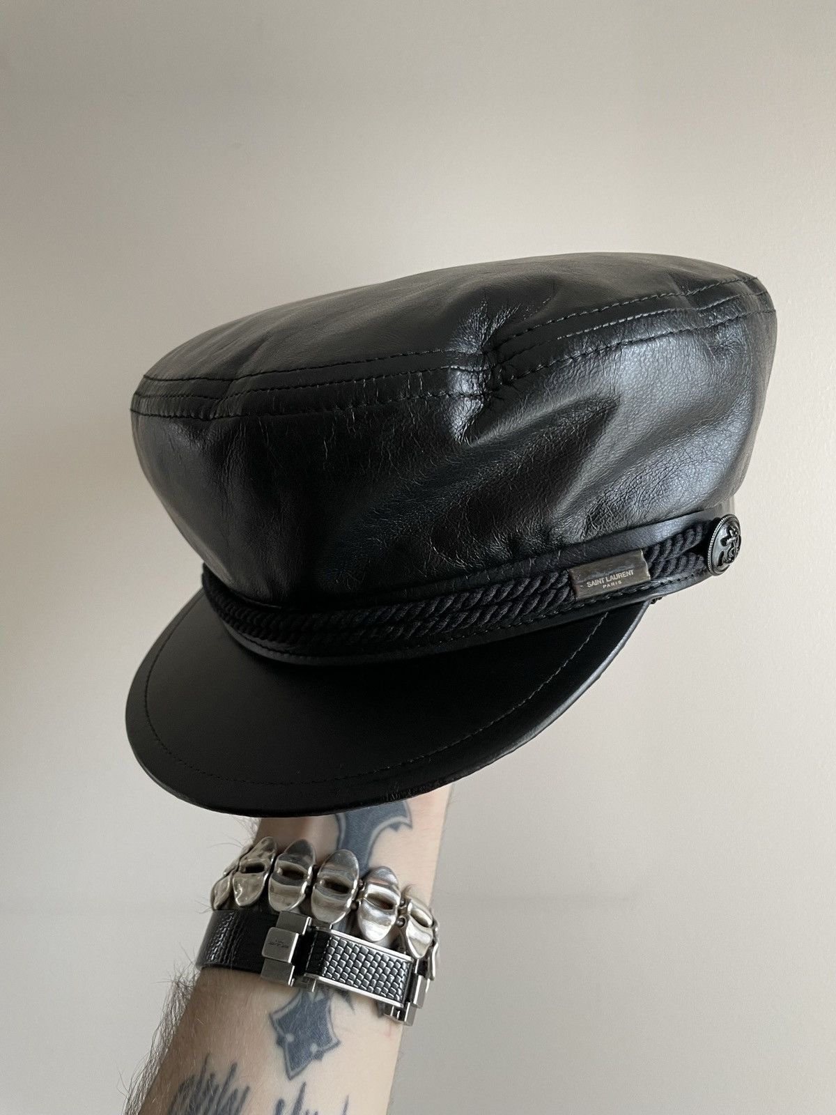 Authentic Saint Laurent Women's Black Leather Sailor Cap