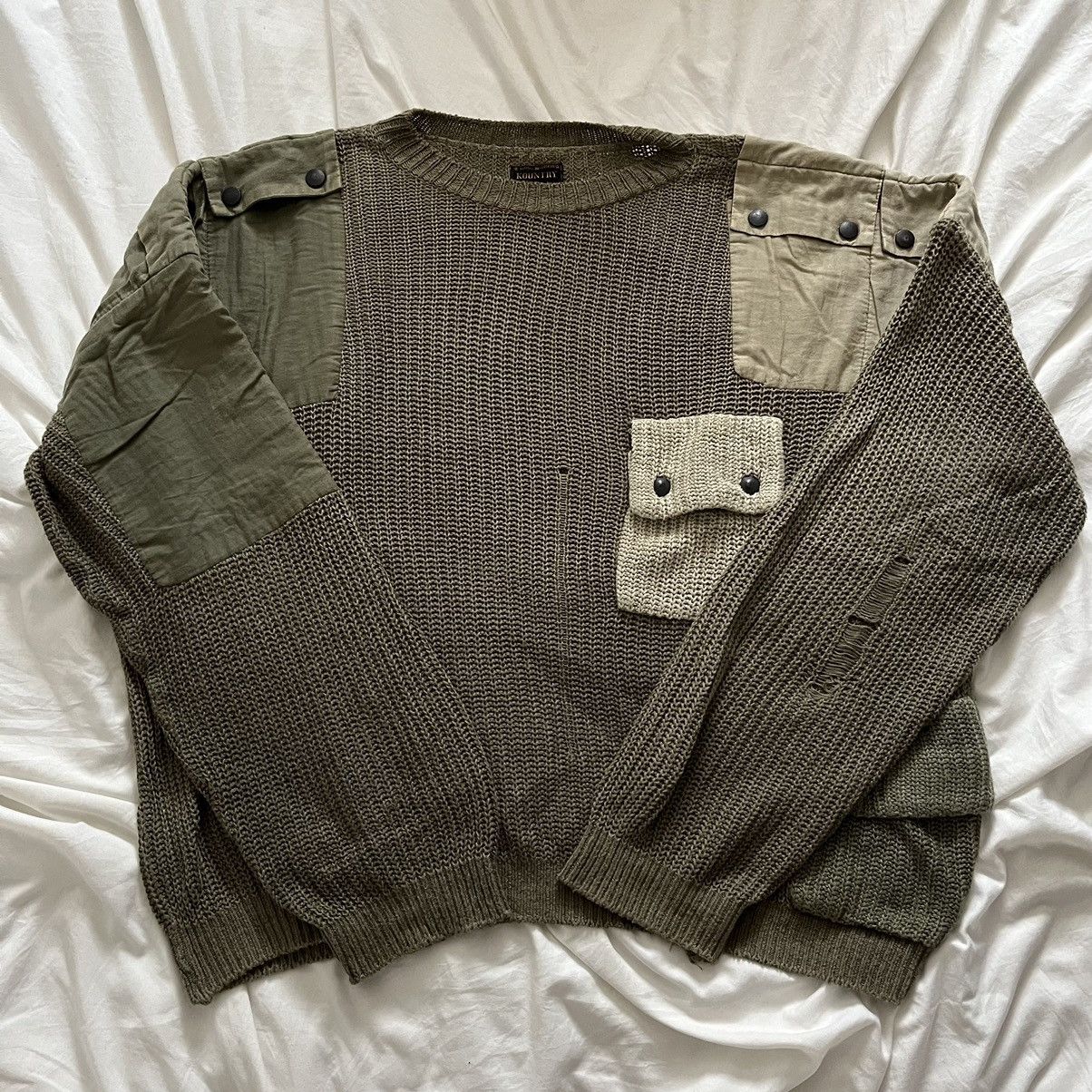 image of Kapital 5G Cotton Knit Distressed Cargo Remake Sweater Size 1 in Khaki, Men's