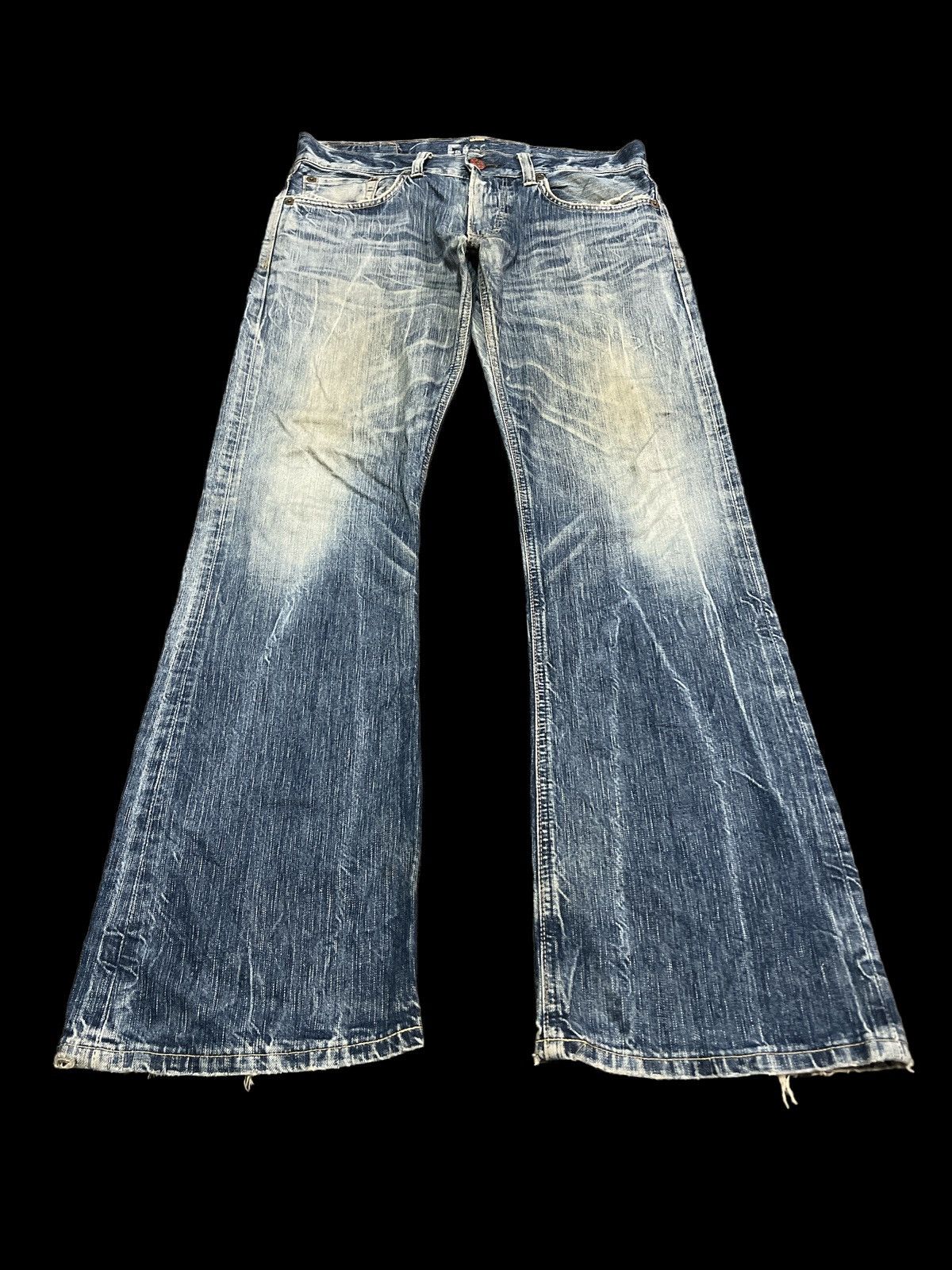 Japanese Brand FLARED💥EDWIN 503 BLUE TRIP DISTRESSED DENIM PANT Size US 33 - 2 Thumbnail