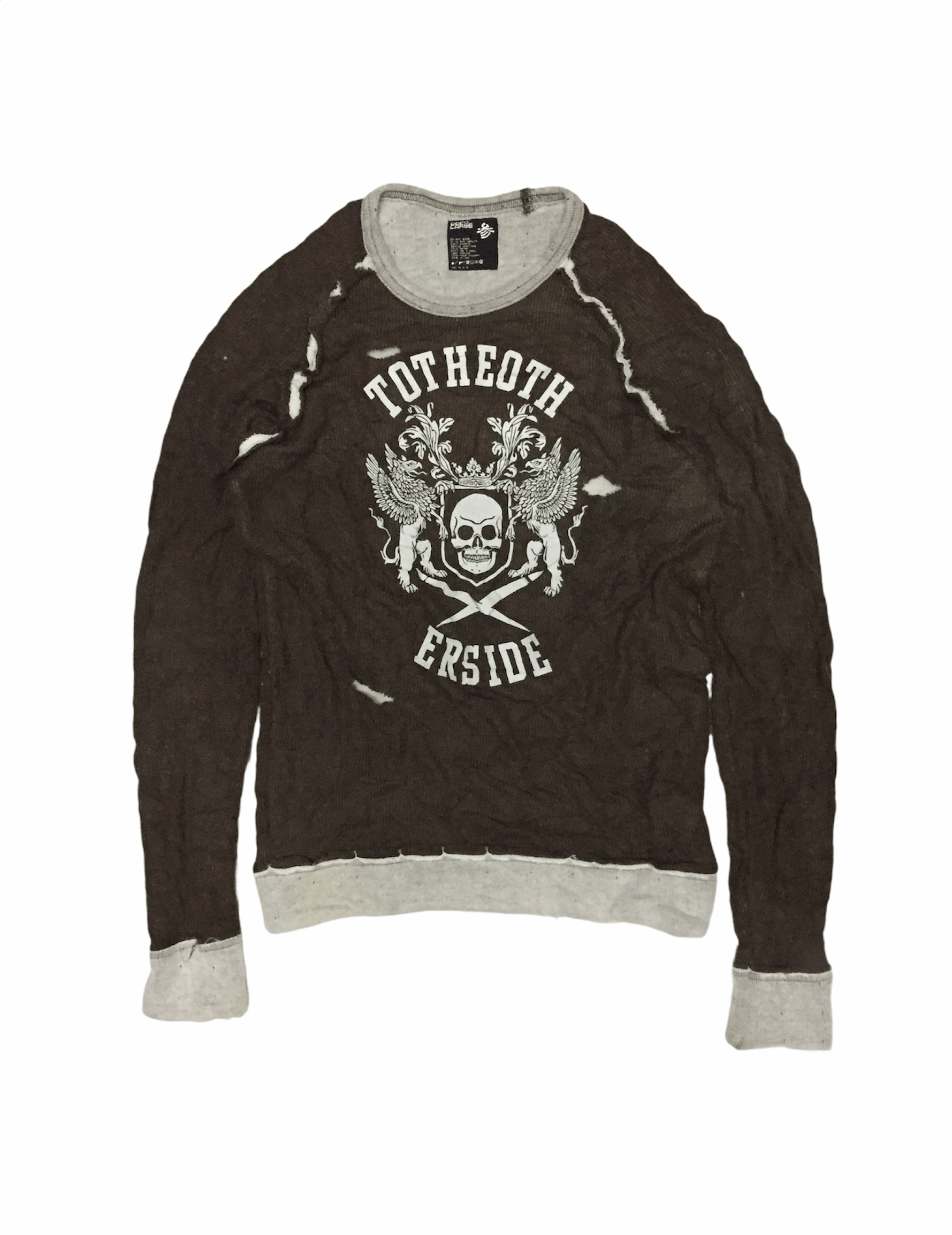 image of VTG Ppfm Coat Of Arms Skull Distressed Mesh Knit in Brown, Men's (Size Medium)