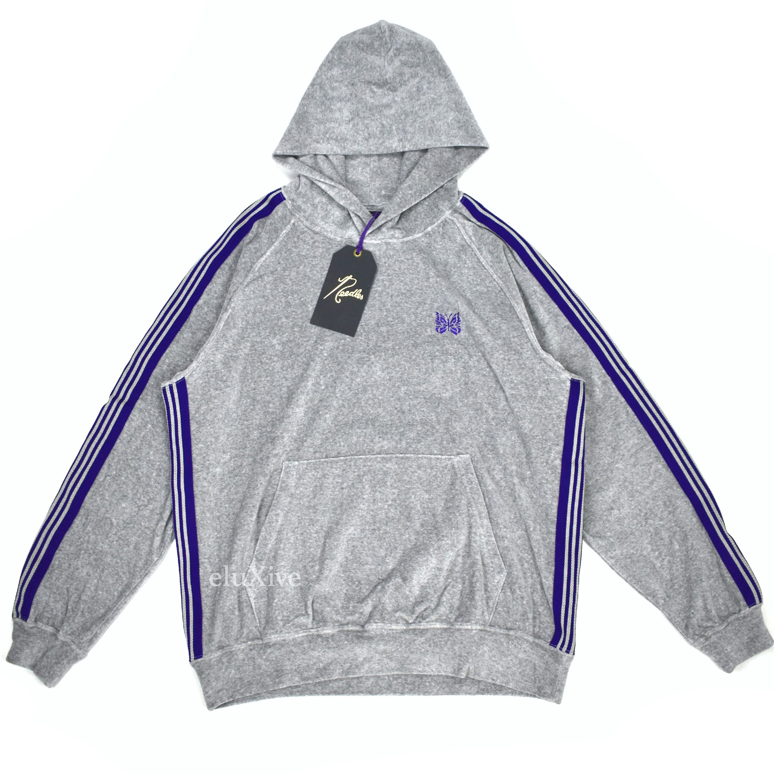 Pre-owned Needles Gray Purple Butterfly Logo Velour Hoodie Nwt In Grey