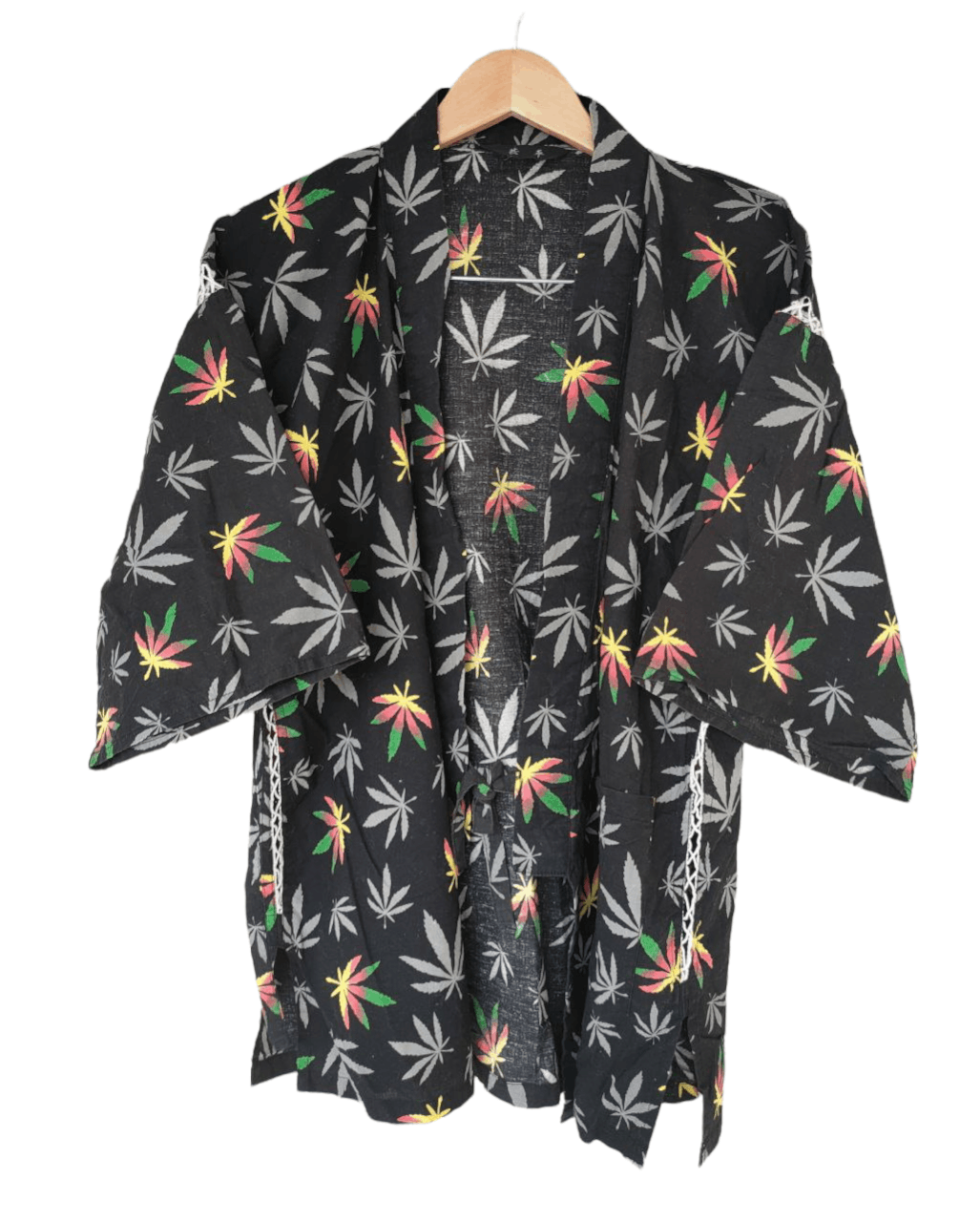 image of Kimono Japan Dragon Marijuana Fullprint Kimono Cardigan in Black, Men's (Size Medium)