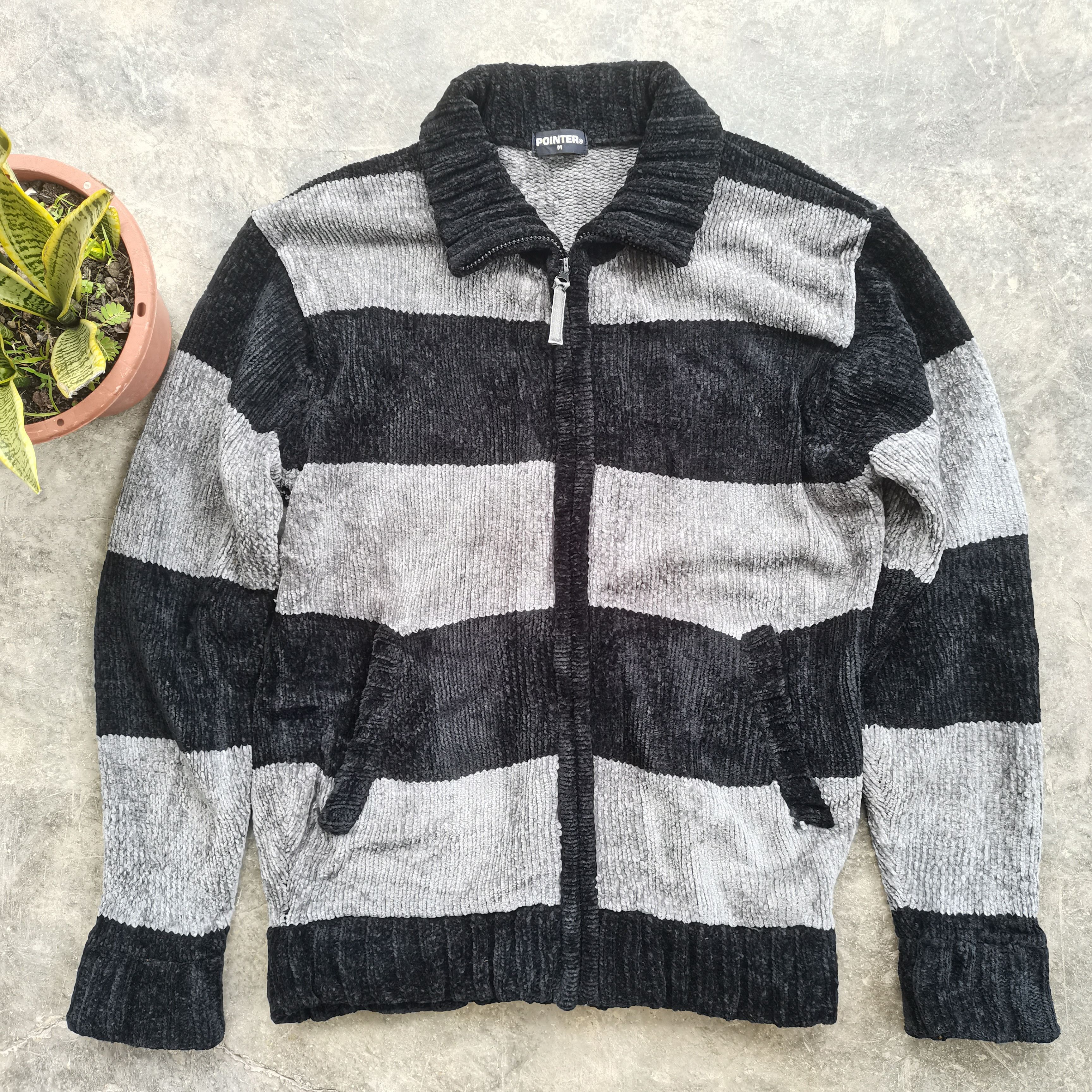 image of Coloured Cable Knit Sweater x Pointer Vintage Pointer Quilt Knitted Zipper Up Jacket in Black Grey 
