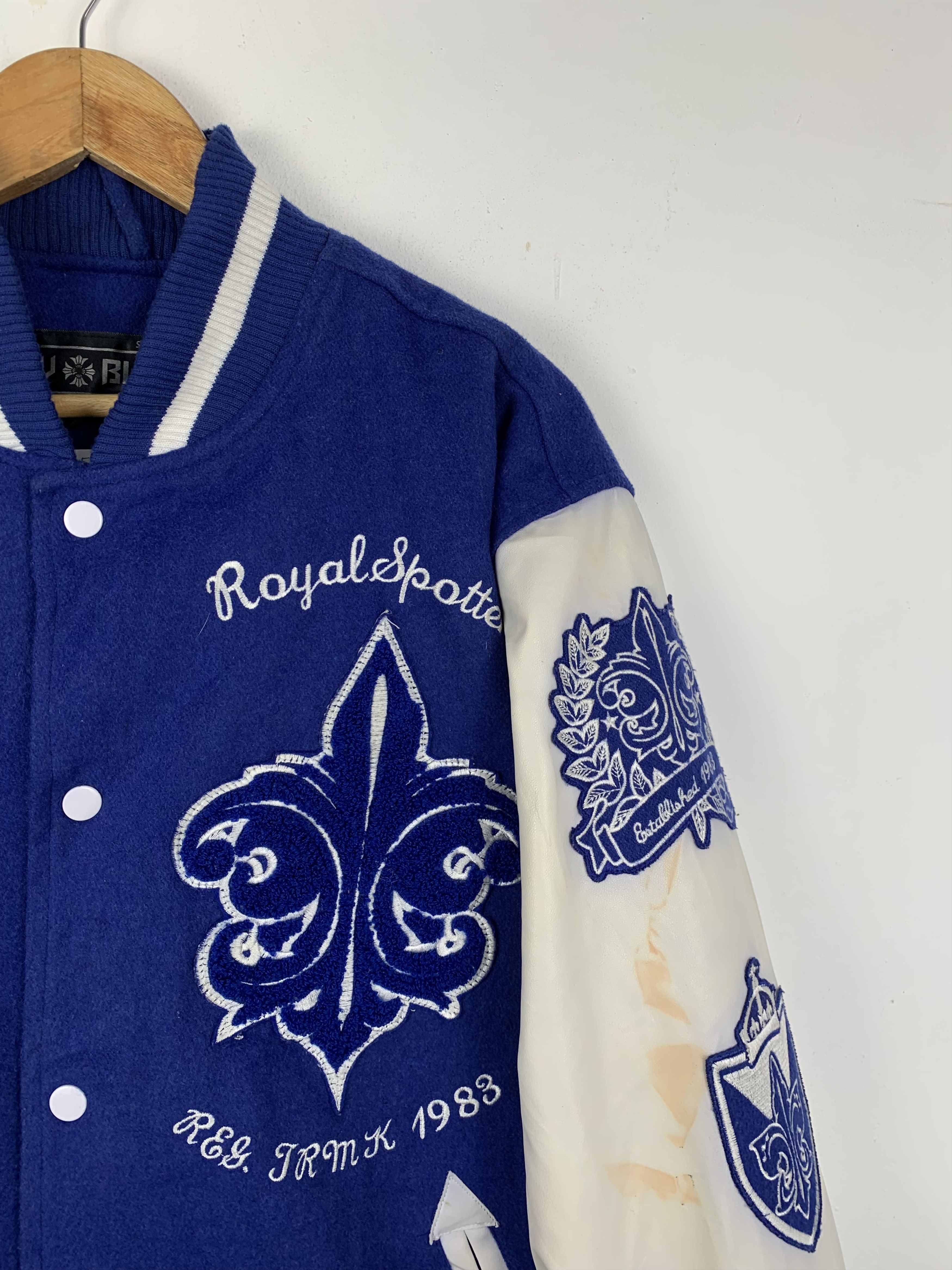 Vintage Vintage 90s Royal Spotters Leather Varsity Jacket Blue Size US L / EU 52-54 / 3 - 4 Thumbnail
