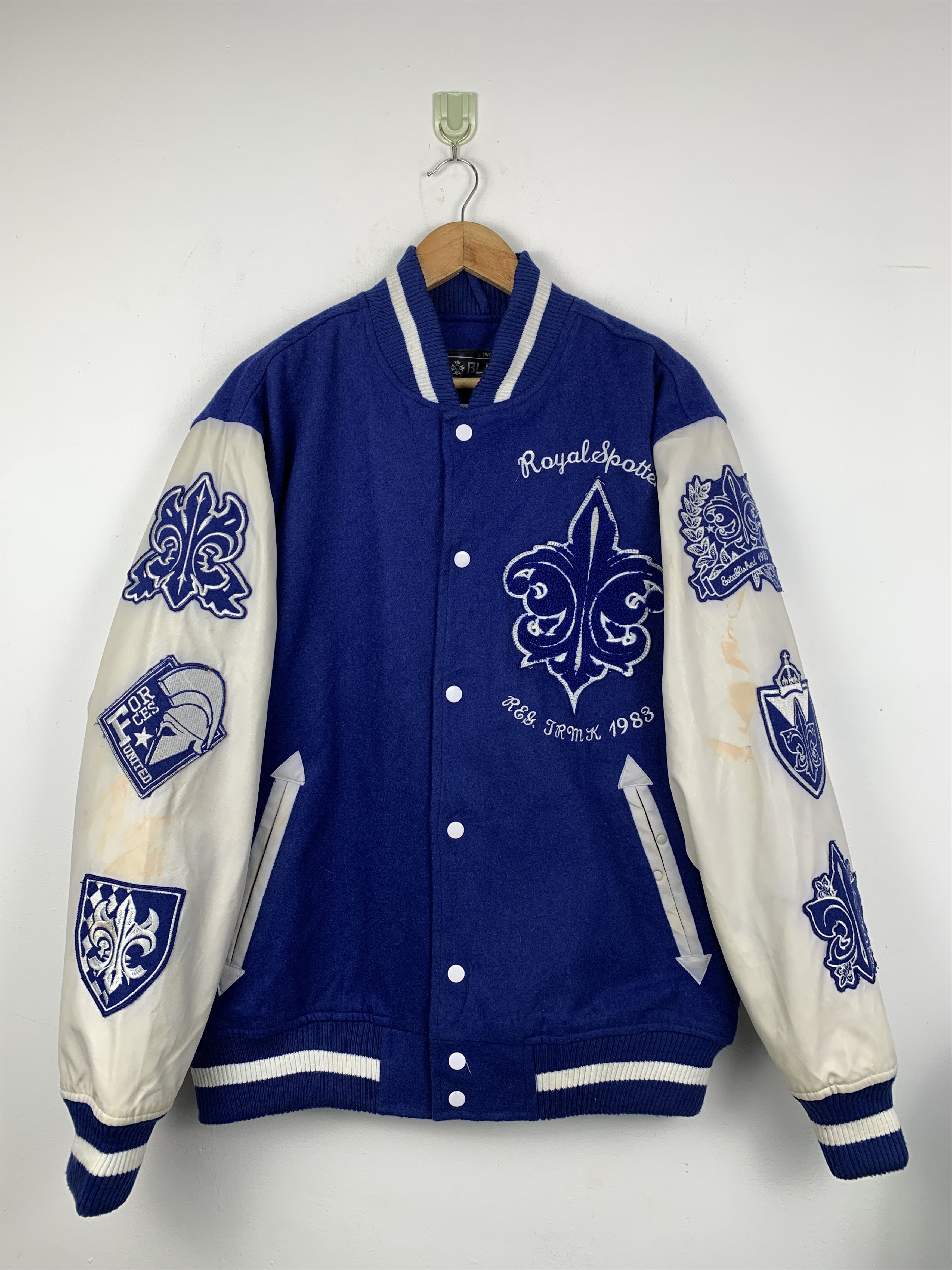 Vintage Vintage 90s Royal Spotters Leather Varsity Jacket Blue Size US L / EU 52-54 / 3 - 1 Thumbnail