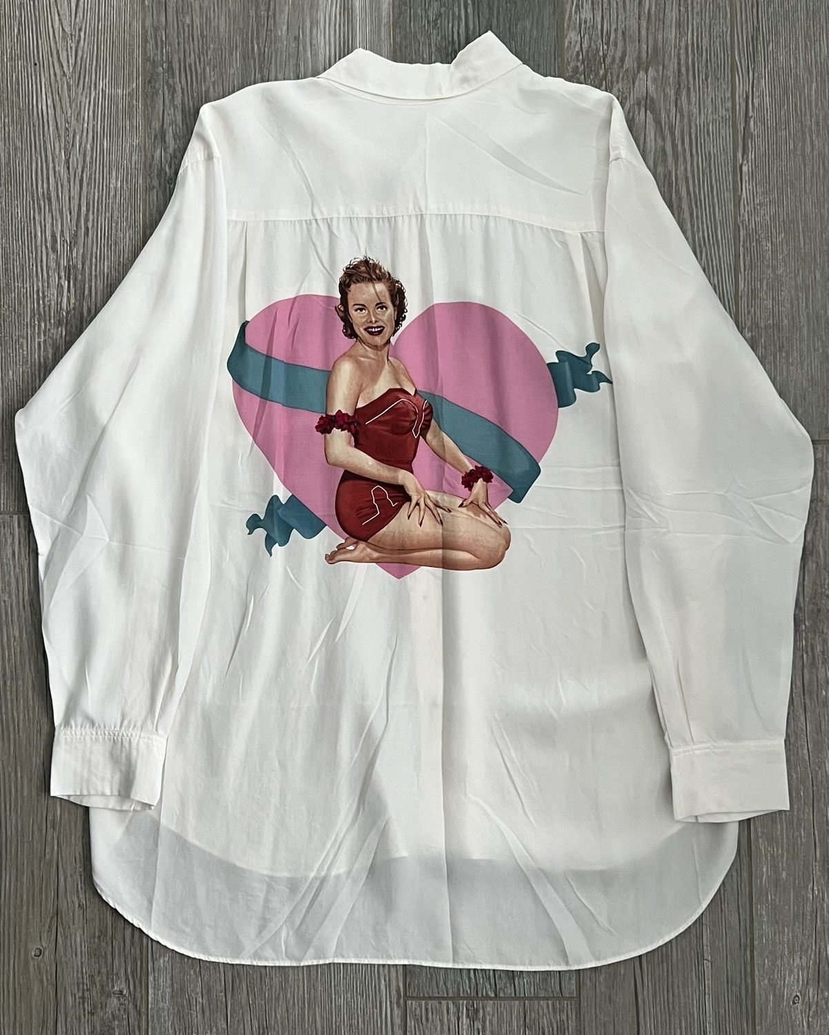 image of Aw1991 Yohji Yamamoto Pin Up Girl Go Yohji Go White Buttonup, Men's (Size XL)