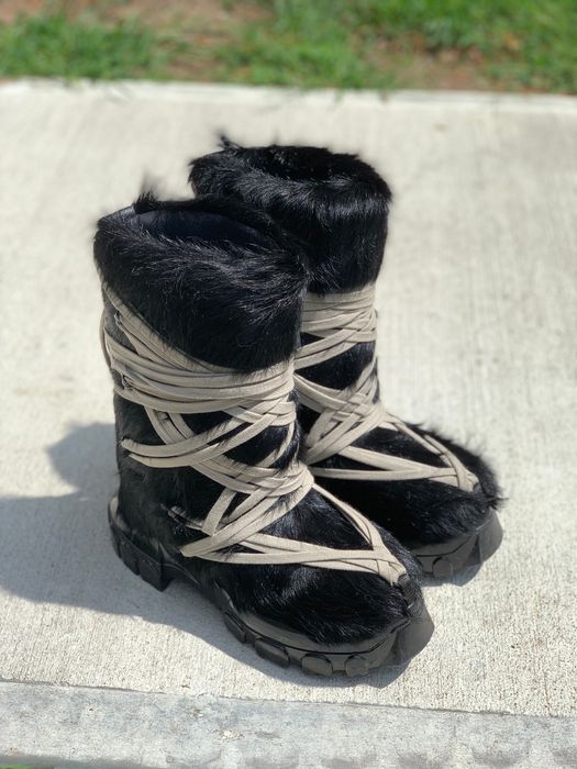 Rick Owens Rare Black Fur Megalace Lunar Boots | Grailed
