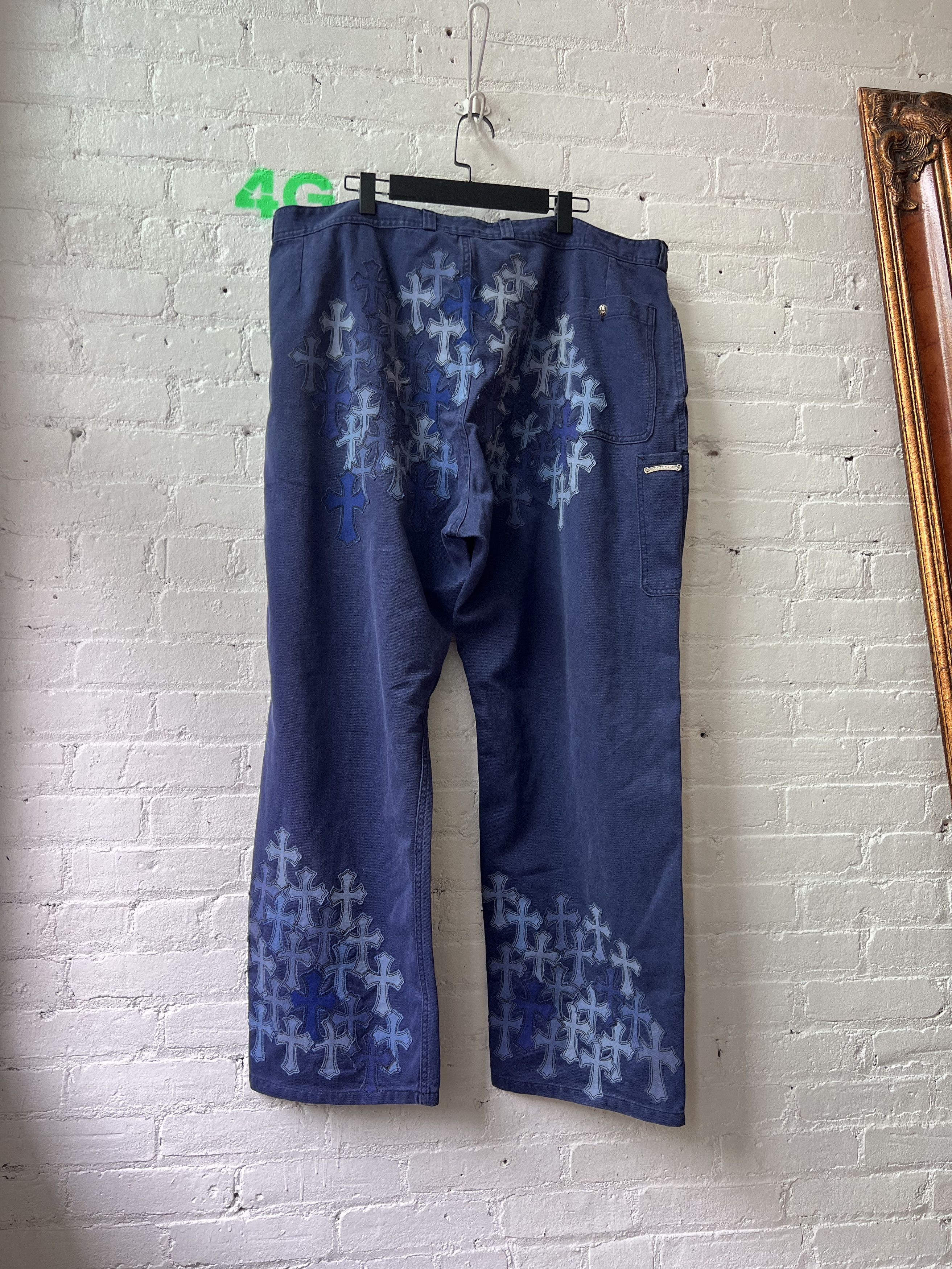 image of Chrome Hearts French Work Pants Flooded 100 Patches in Blue, Men's (Size 42)