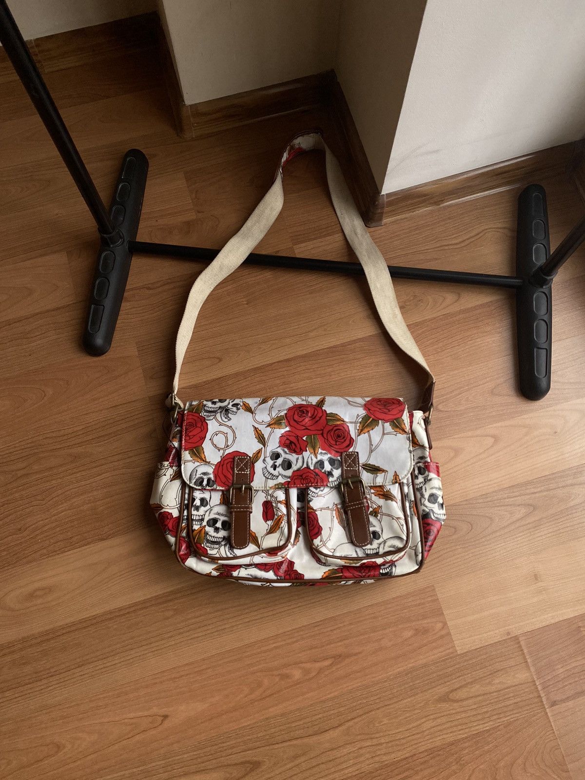 Vintage Ed Hardy Style Skulls N Roses Messenger Bag in Red, Women's