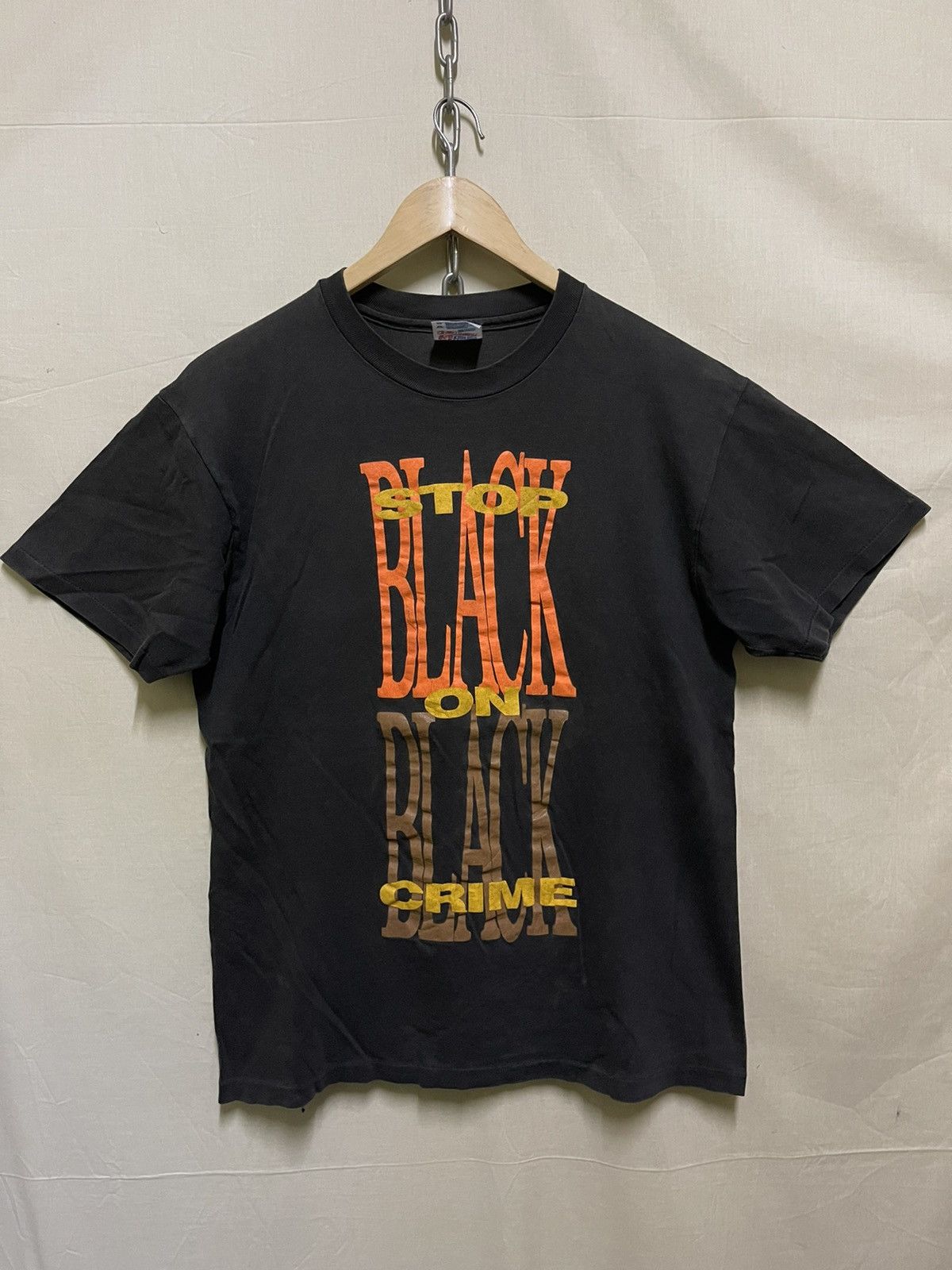image of Vintage Trashed Stop Black On Black Crime Vintage T Shirt, Men's (Size Medium)