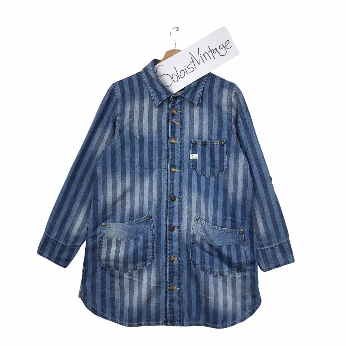 Vintage CEPO Japanese Brand Blue Stripes Long Denim Jacket Size US M / EU 48-50 / 2 - 1 Thumbnail