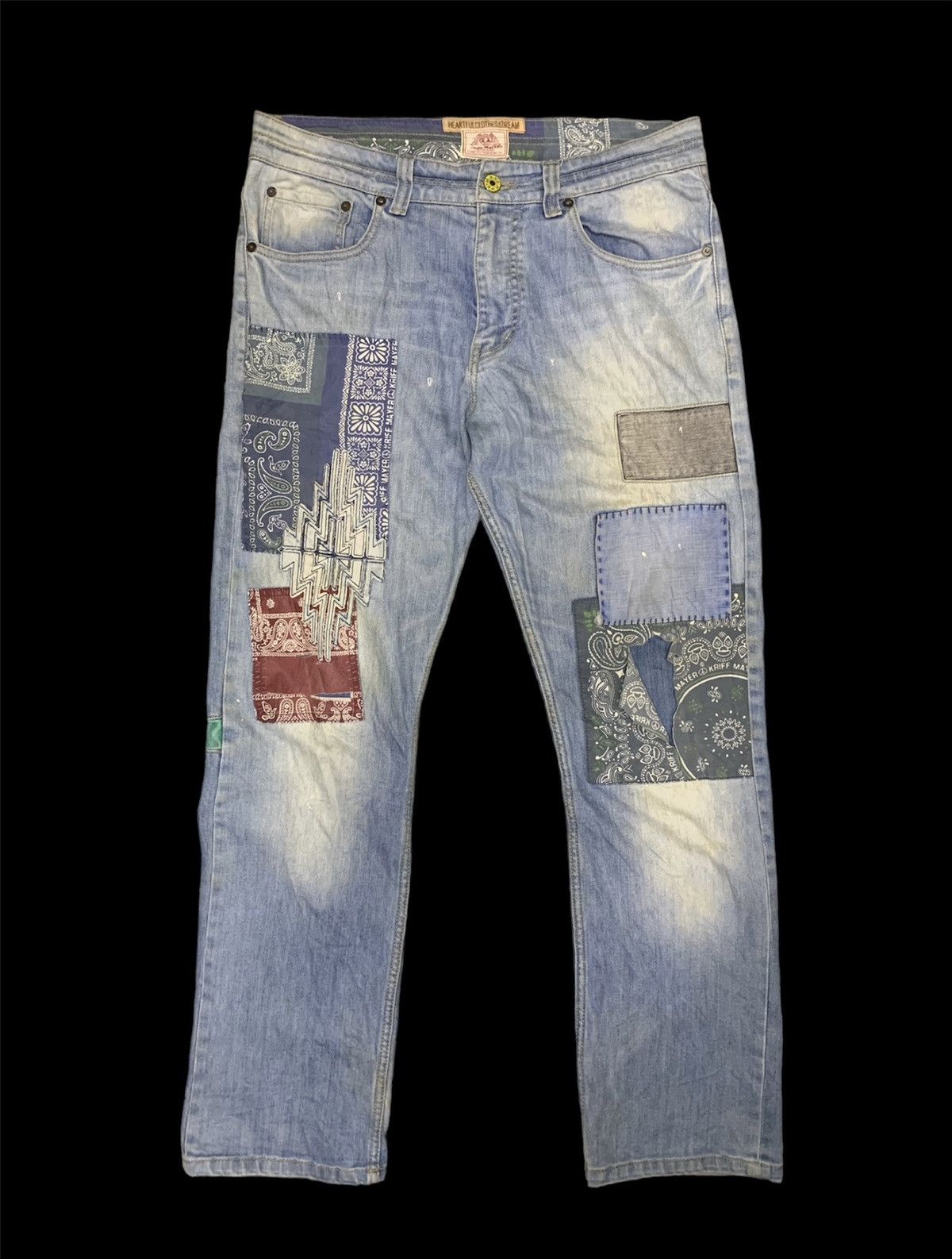 image of Distressed Denim Kriff Mayer Patchwork Paisley Jeans in Faded, Men's (Size 33)