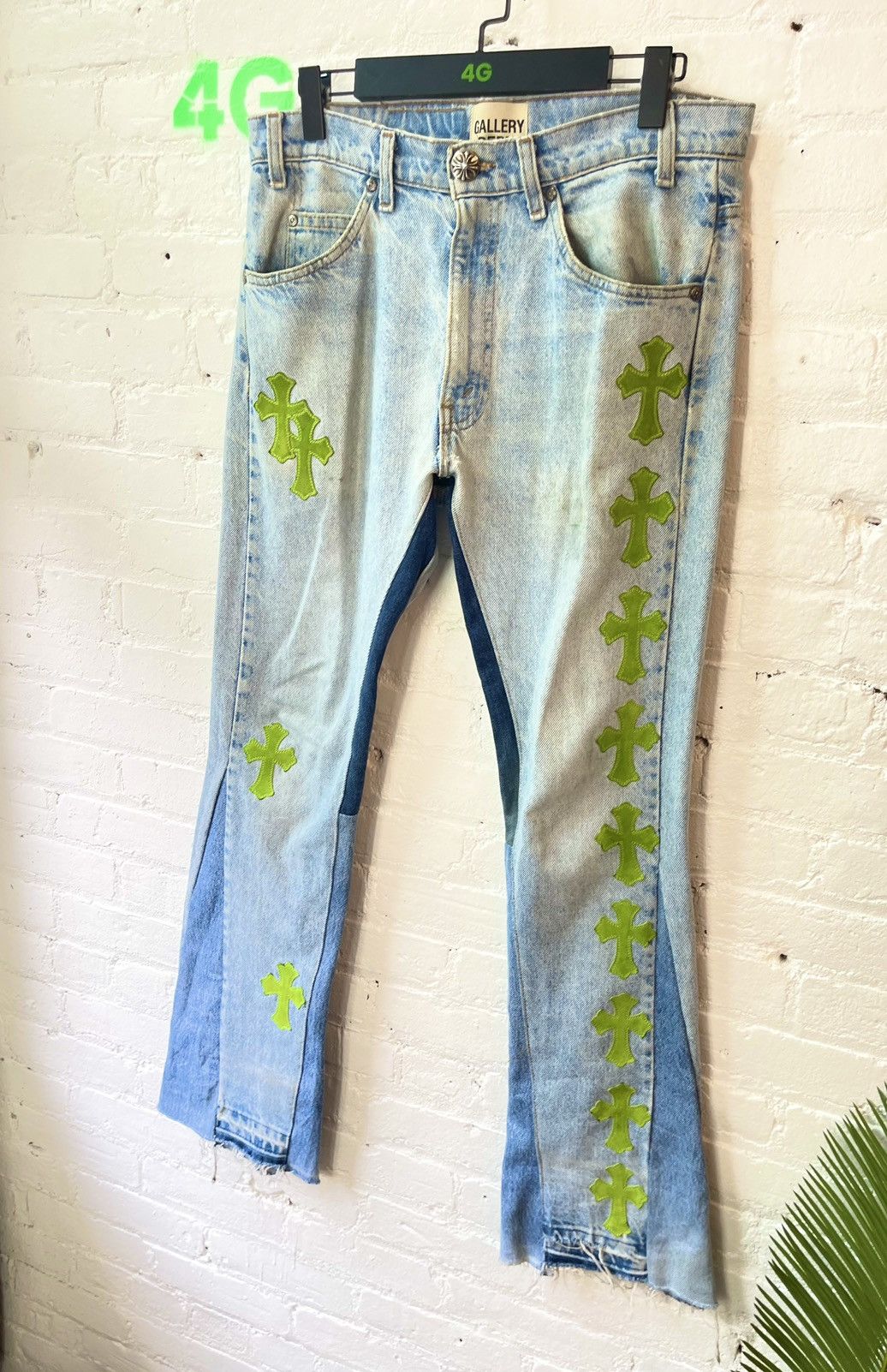 image of Chrome Hearts Offset Personal Lime Green Cross Jeans in Blue, Men's (Size 32)