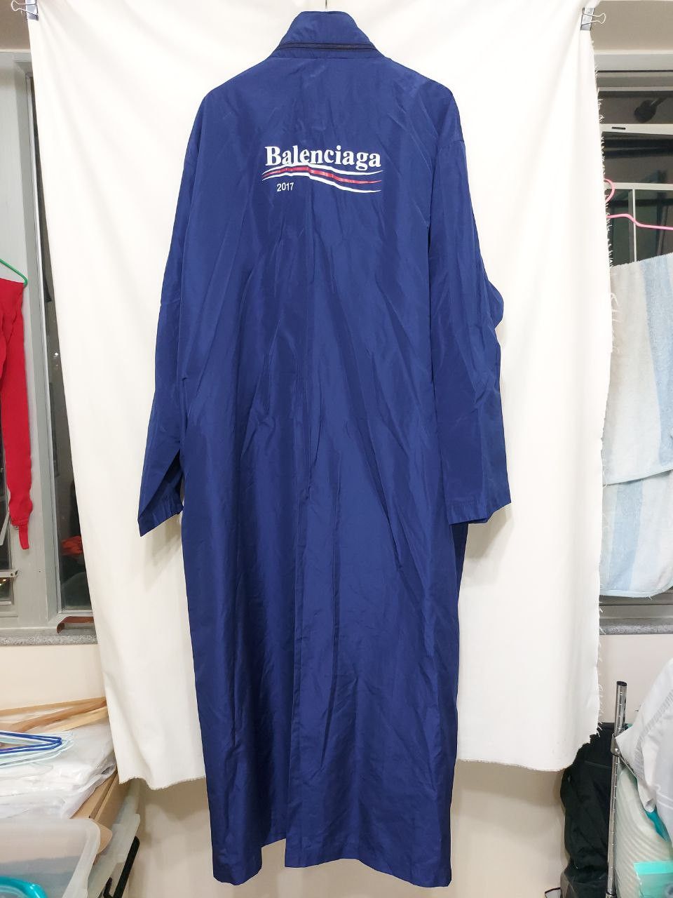image of Balenciaga Fw17 Aw17 Political Campaign Long Windbreaker Coat in Blue, Men's (Size Medium)