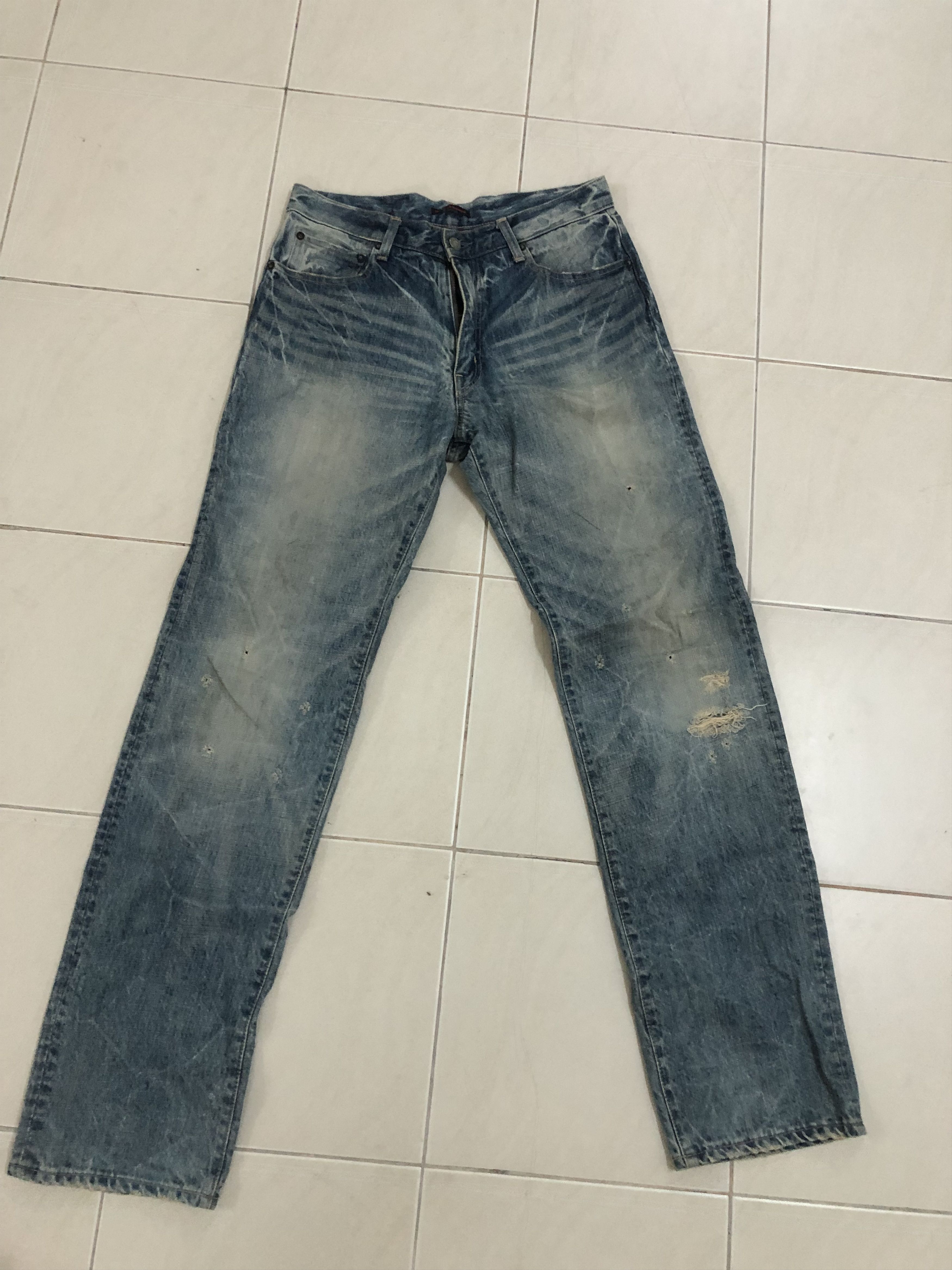 image of Distressed Denim Wash Blue Blue Way Denim Jeans 32X33 in Blue Distressed, Men's