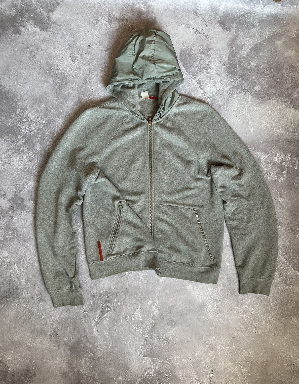 image of Prada Red Tab Zip Up Hoodie With Nylon Hoodie in Grey, Men's (Size XL)