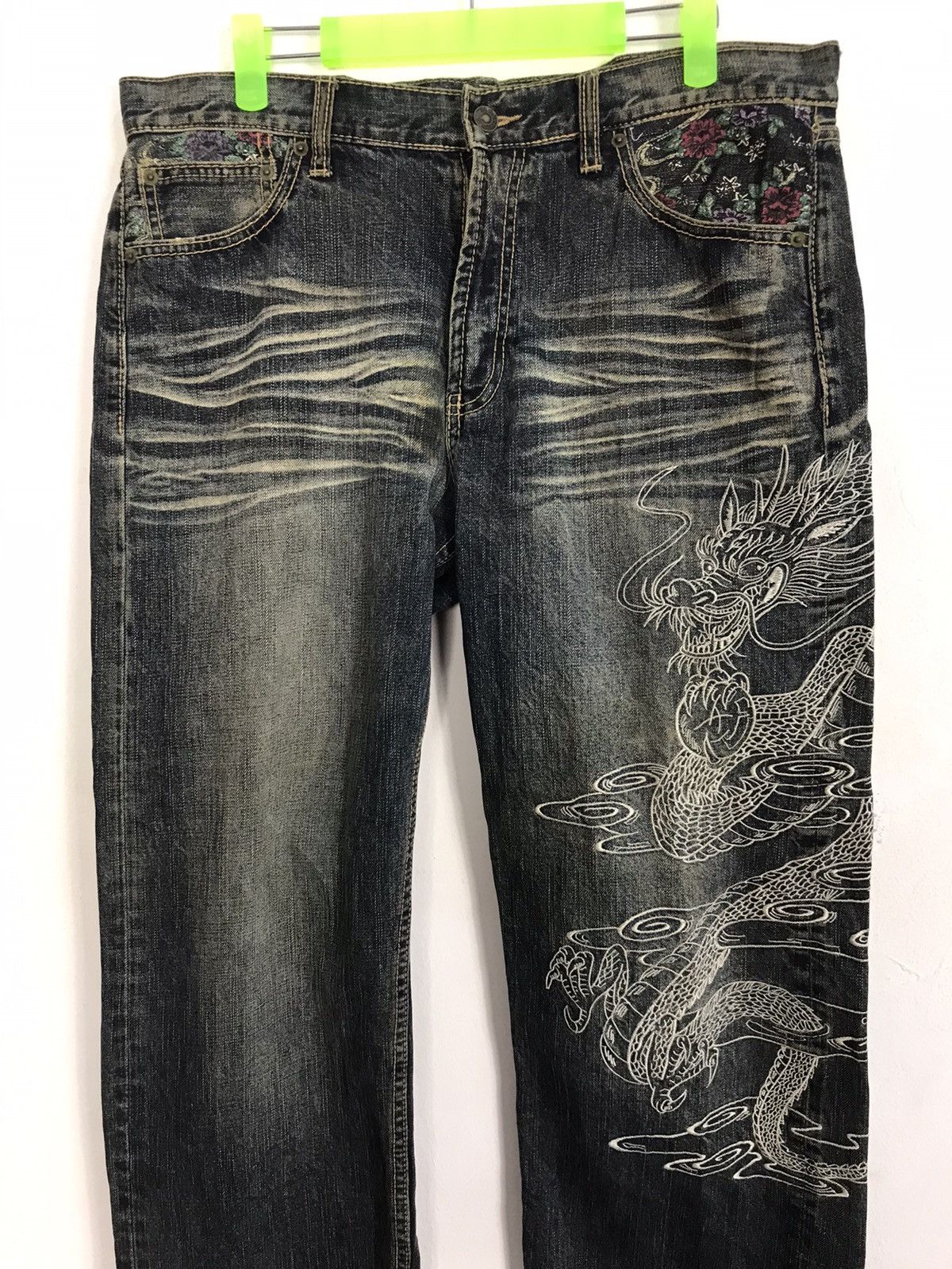 Japanese Brand Dragon Rose Art Embroidery Motif Jeans Pant Sukajan K1031j Size US 33 - 2 Thumbnail